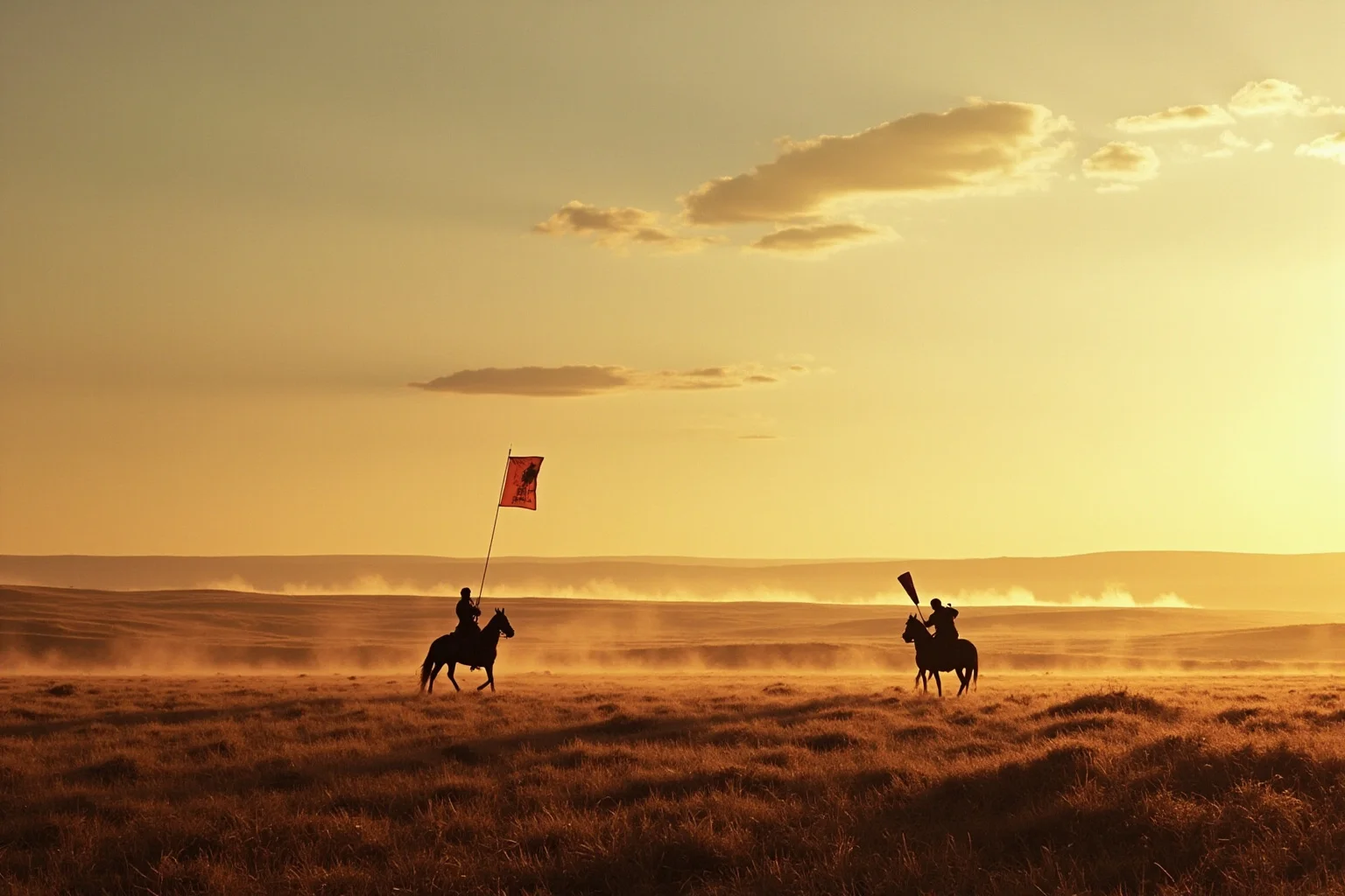 10 of History's Most Evil People & 10 of Its Greatest Heroes 11 Vast Mongolian steppe landscape with distant horseback riders' silhouettes and an empire's banners