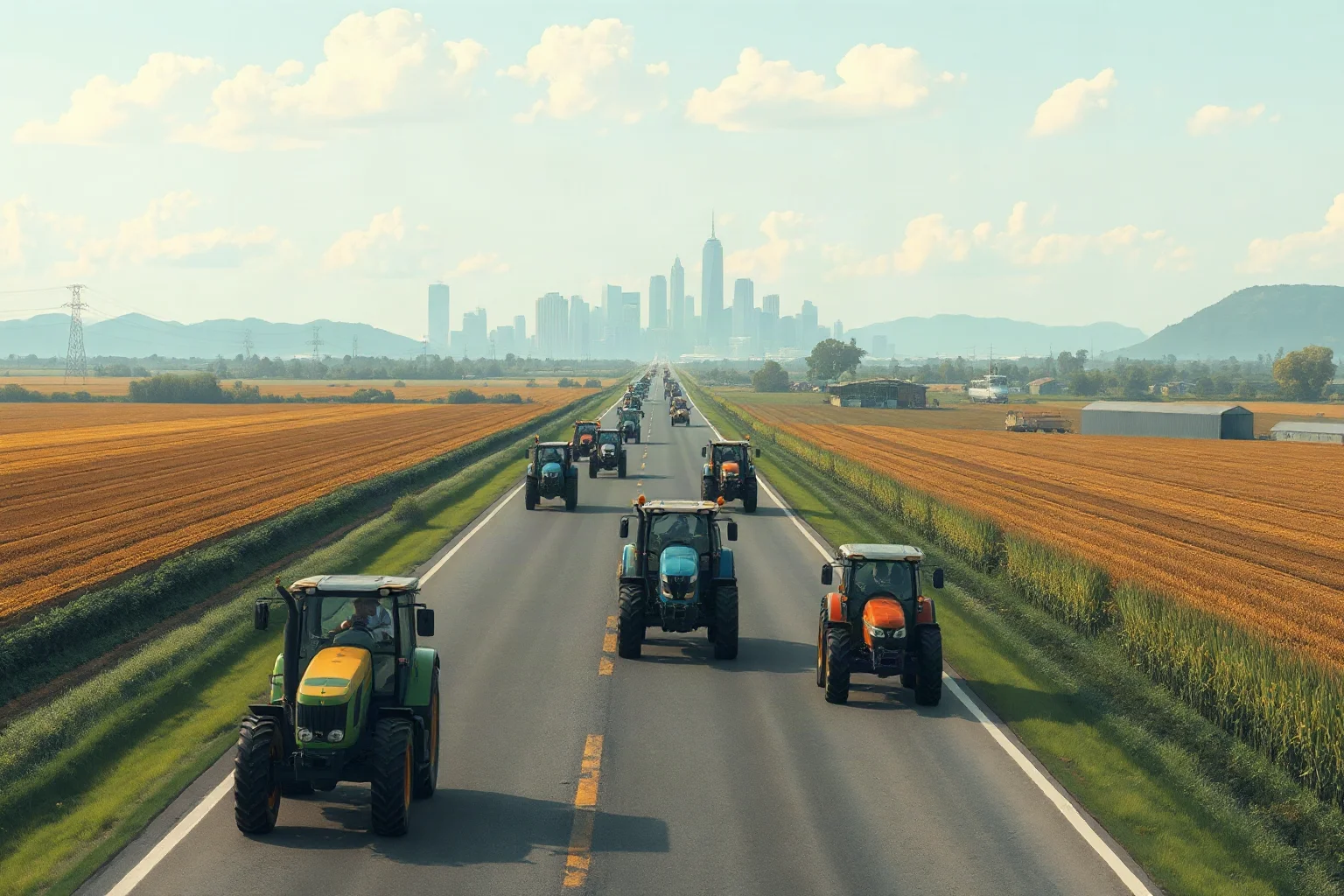 Vast rural highway filled with tractors and farmers marching toward a city skyline, illustrative style