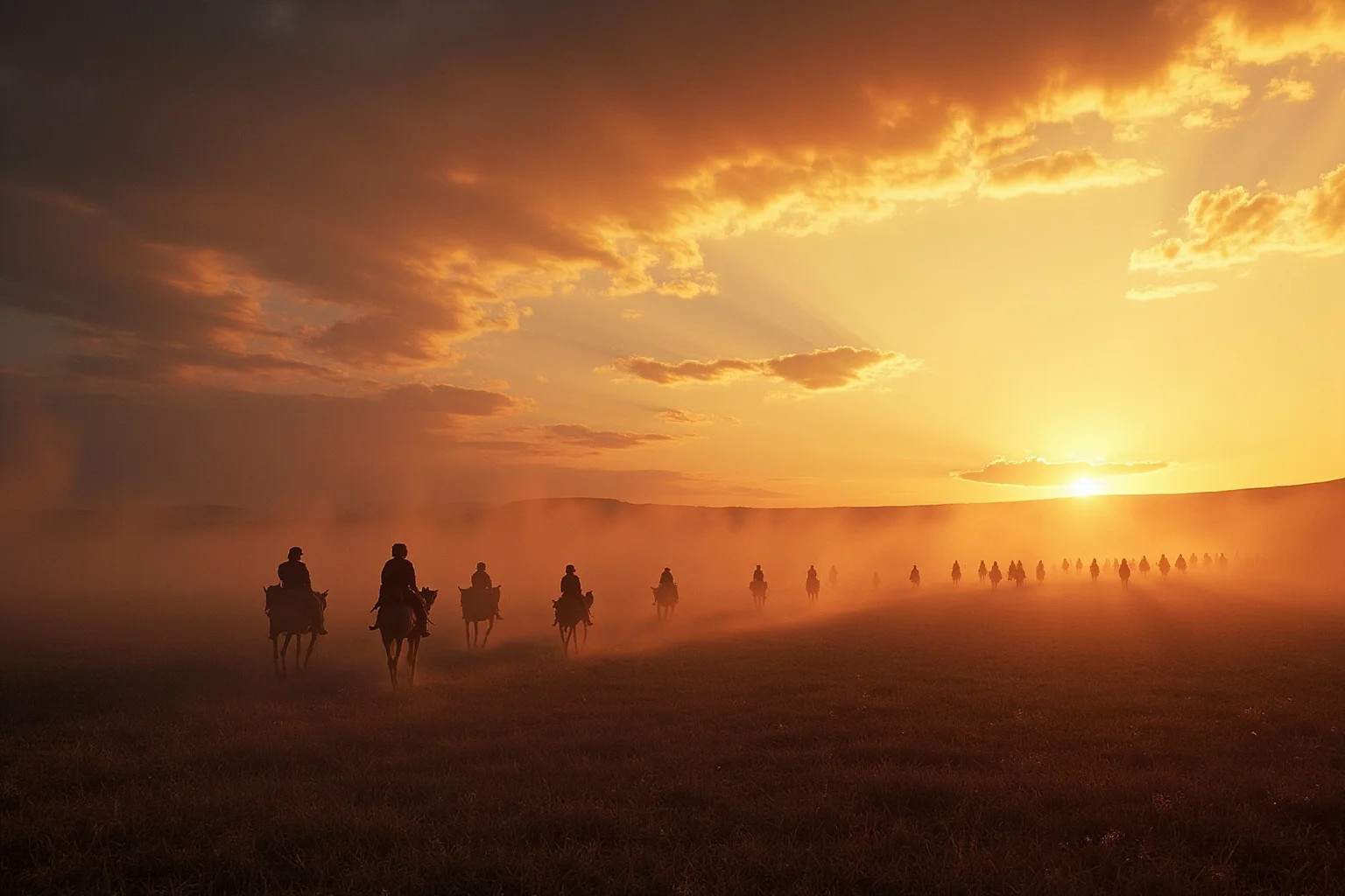 22 Creepiest People in History (And the Truth Behind Their Legends) 23 Vast steppe landscape at dawn with distant horseback riders, dramatic historical illustration