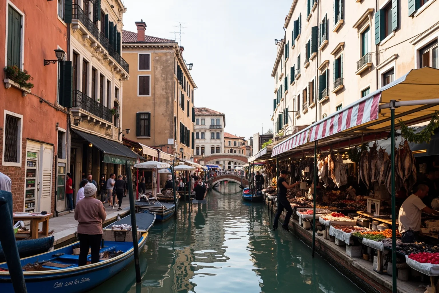 Venetian canal-side market at Rialto with fresh fish and produce stalls beneath striped awnings near the Rialto Bridge