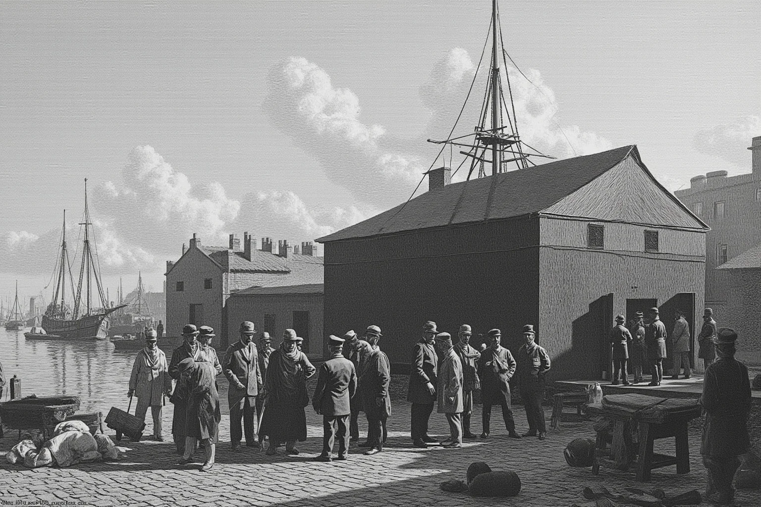 Venetian harbor scene with ships being quarantined at dock, showing isolation procedures and officials checking cargo