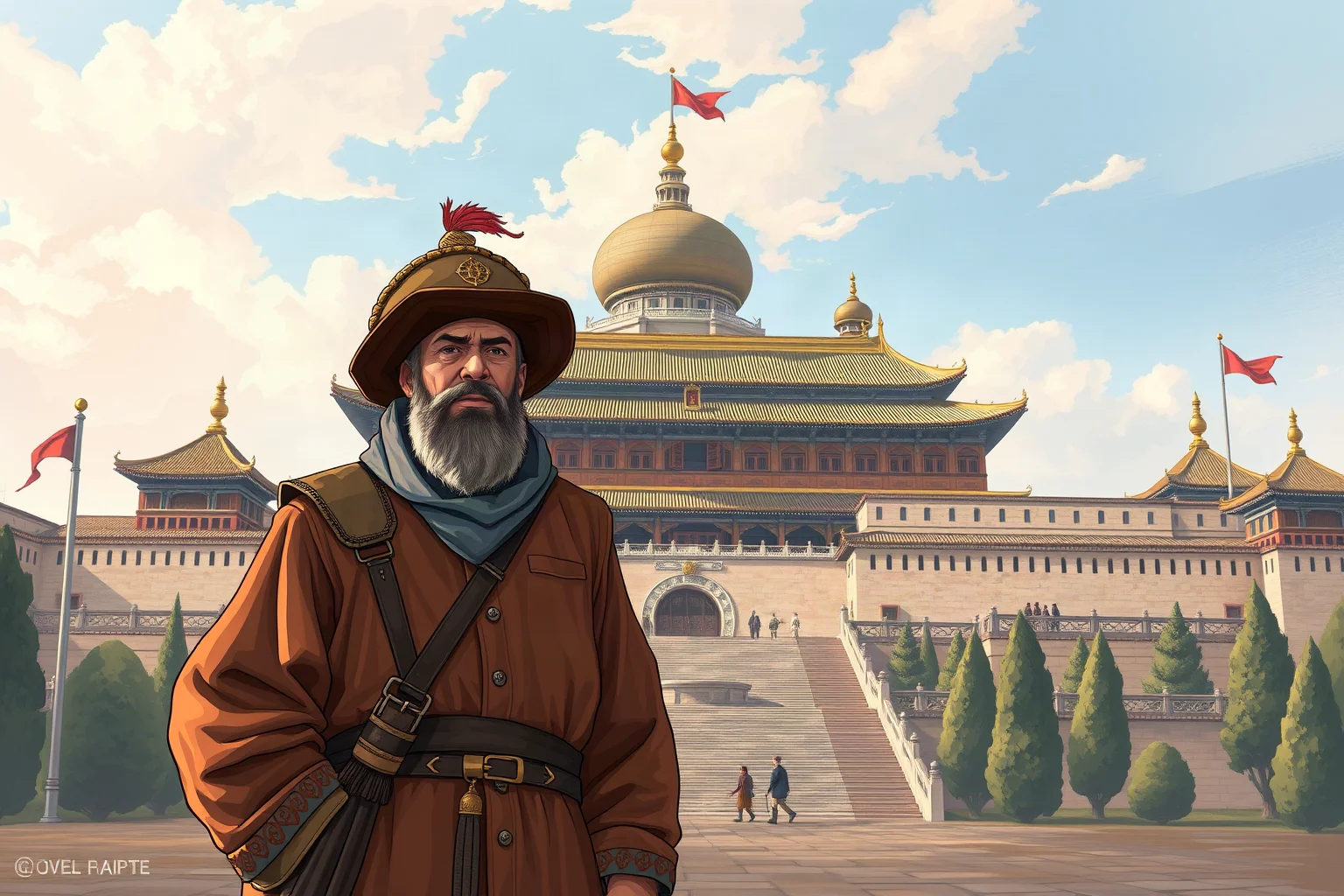 Venetian merchant traveler standing before a grand Mongol palace, illustrated historical style