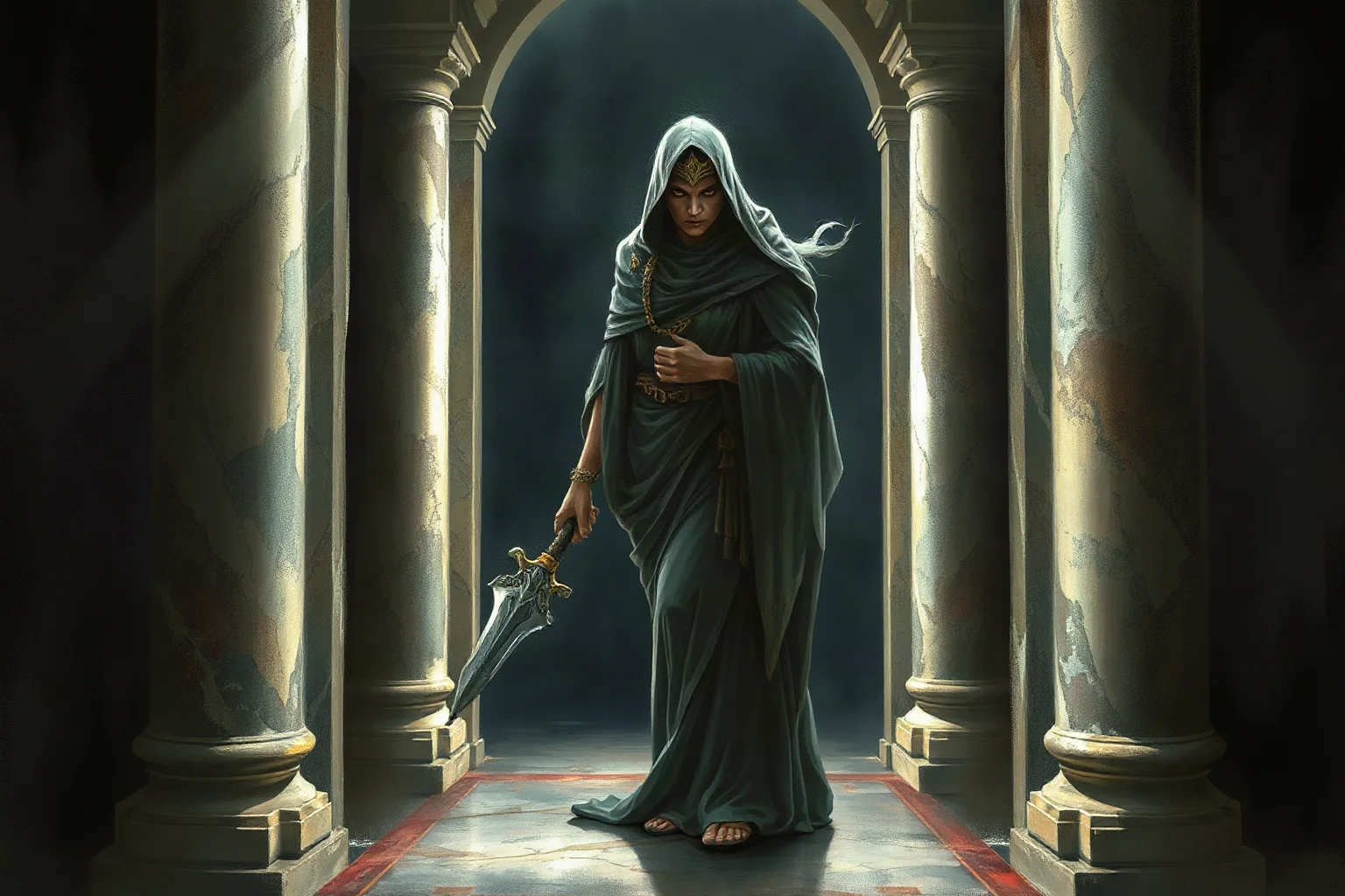 Vengeful ancient queen standing in a marble palace doorway holding a ceremonial blade, dramatic mythological illustration