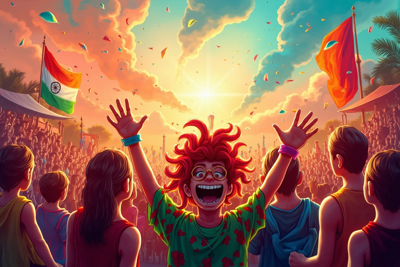 Vibrant festival scene illustration with crowds celebrating red hair, colorful and joyful atmosphere