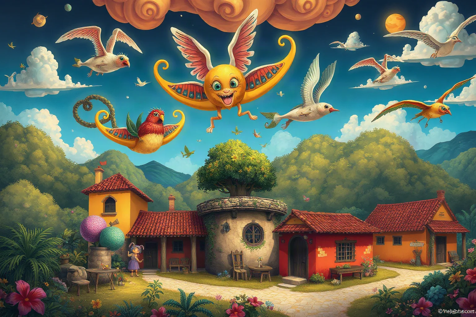 Vibrant illustration blending a small Latin American village with fantastical floating elements, evoking magical realism