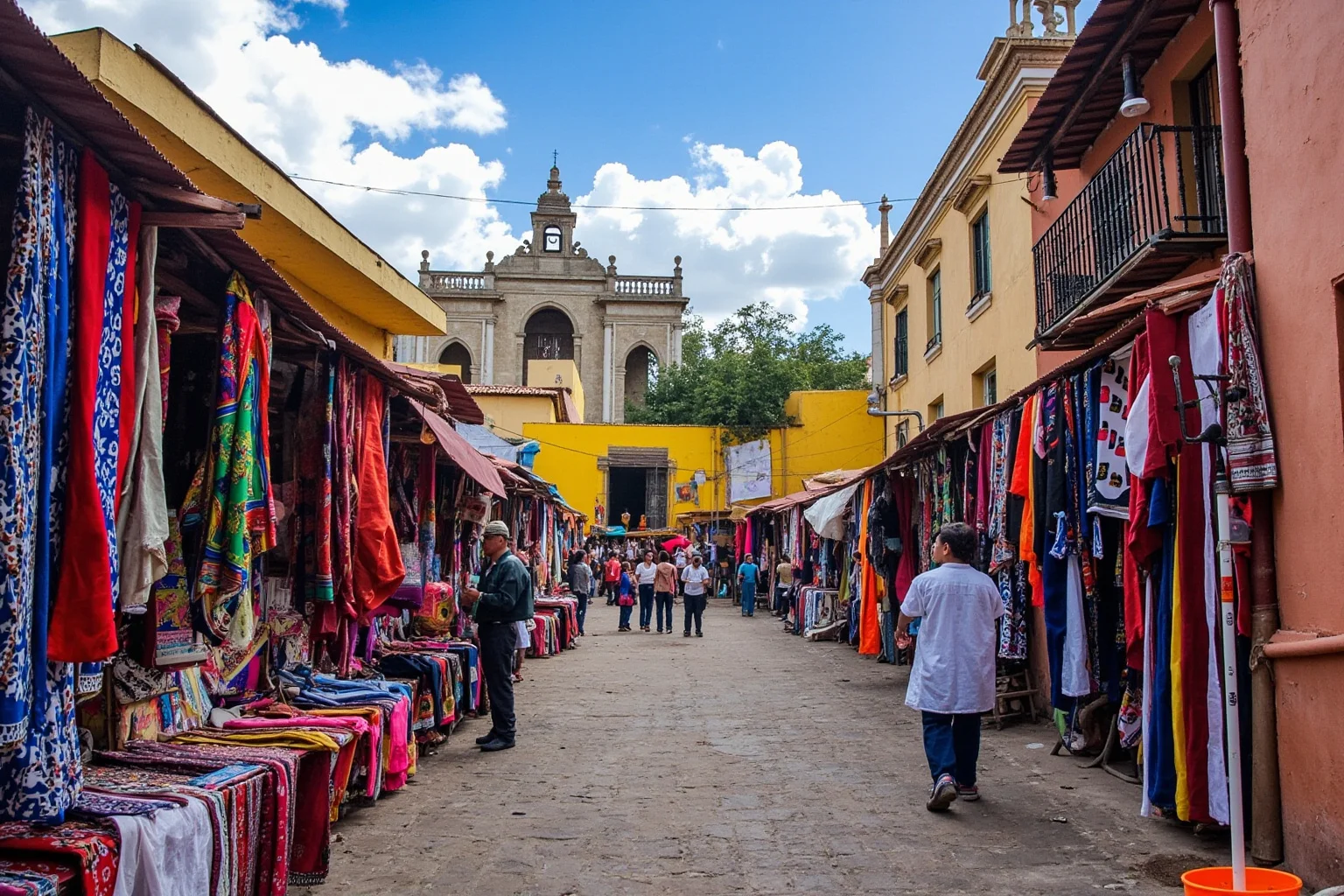 Vibrant outdoor textile and craft market in Chichicastenango, Guatemala with Maya vendors and a church in the background