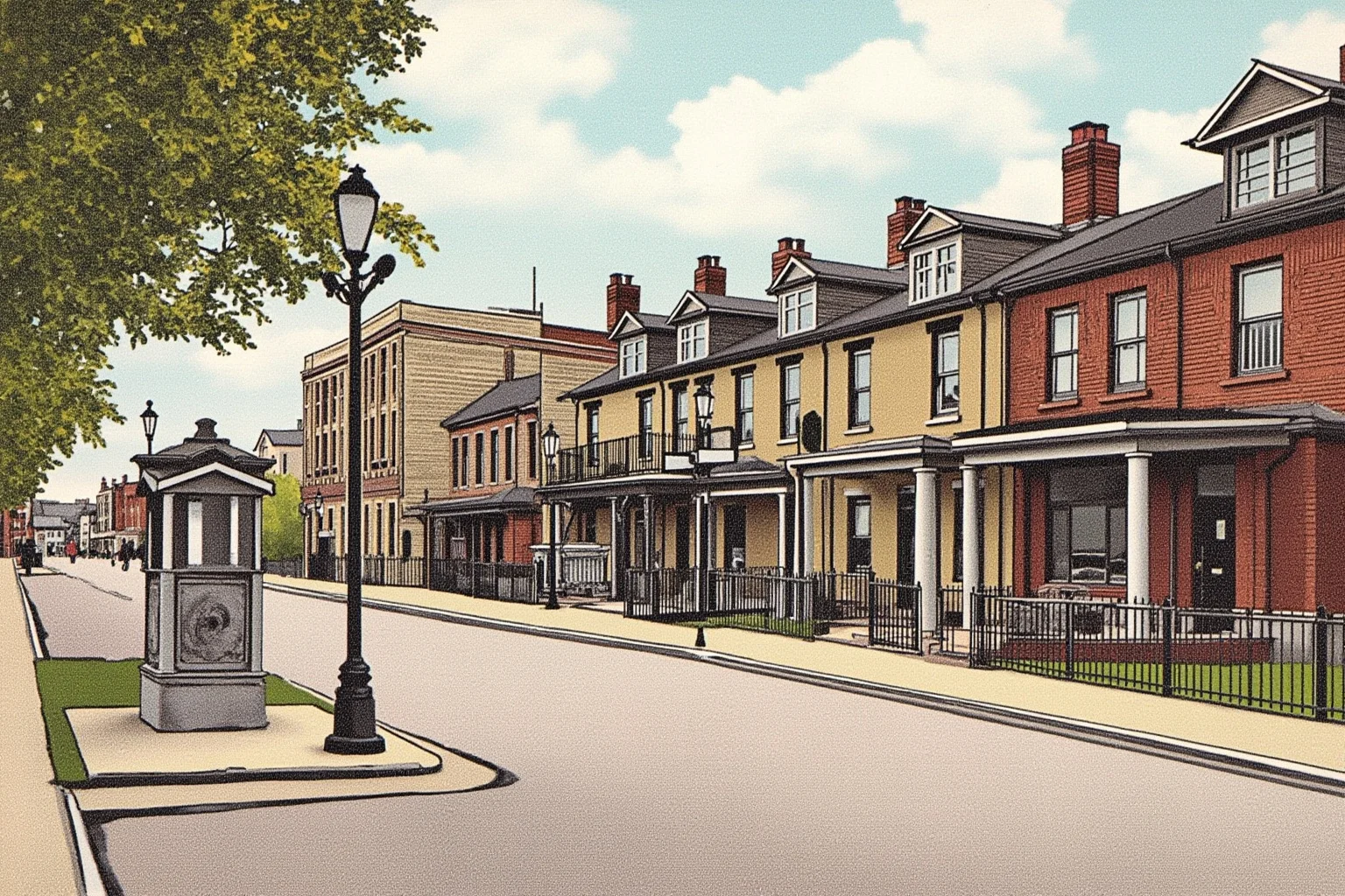 20 Deadliest Plagues That Shaped Human History 11 Victorian-era city street with a public water pump and rows of brick houses, historical illustration style