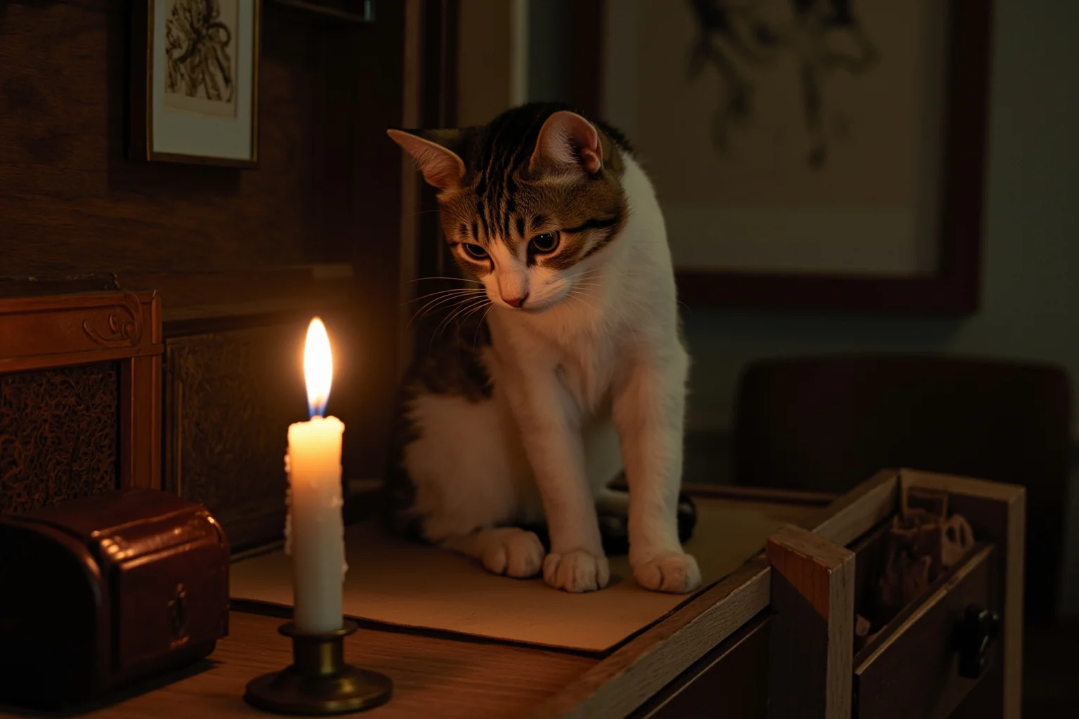 Victorian era drawing room with a lit candle being playfully nudged by a cat's paw near a writing desk