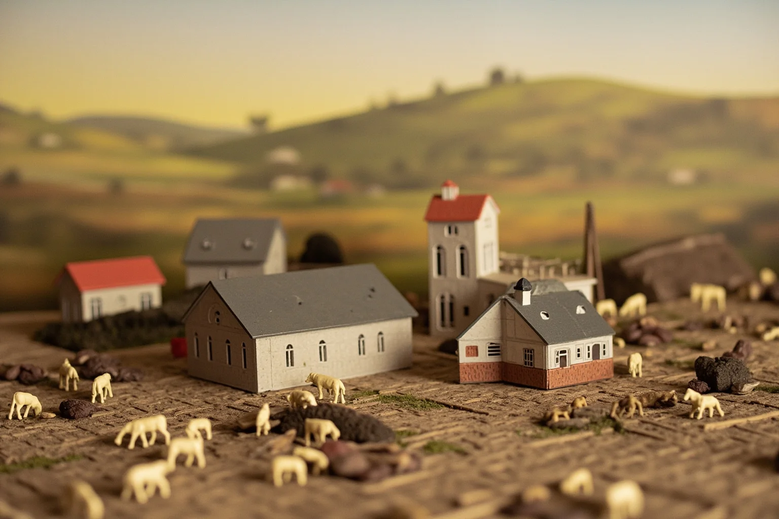 Victorian-era farmland with model dairy buildings and livestock, pastoral countryside scene