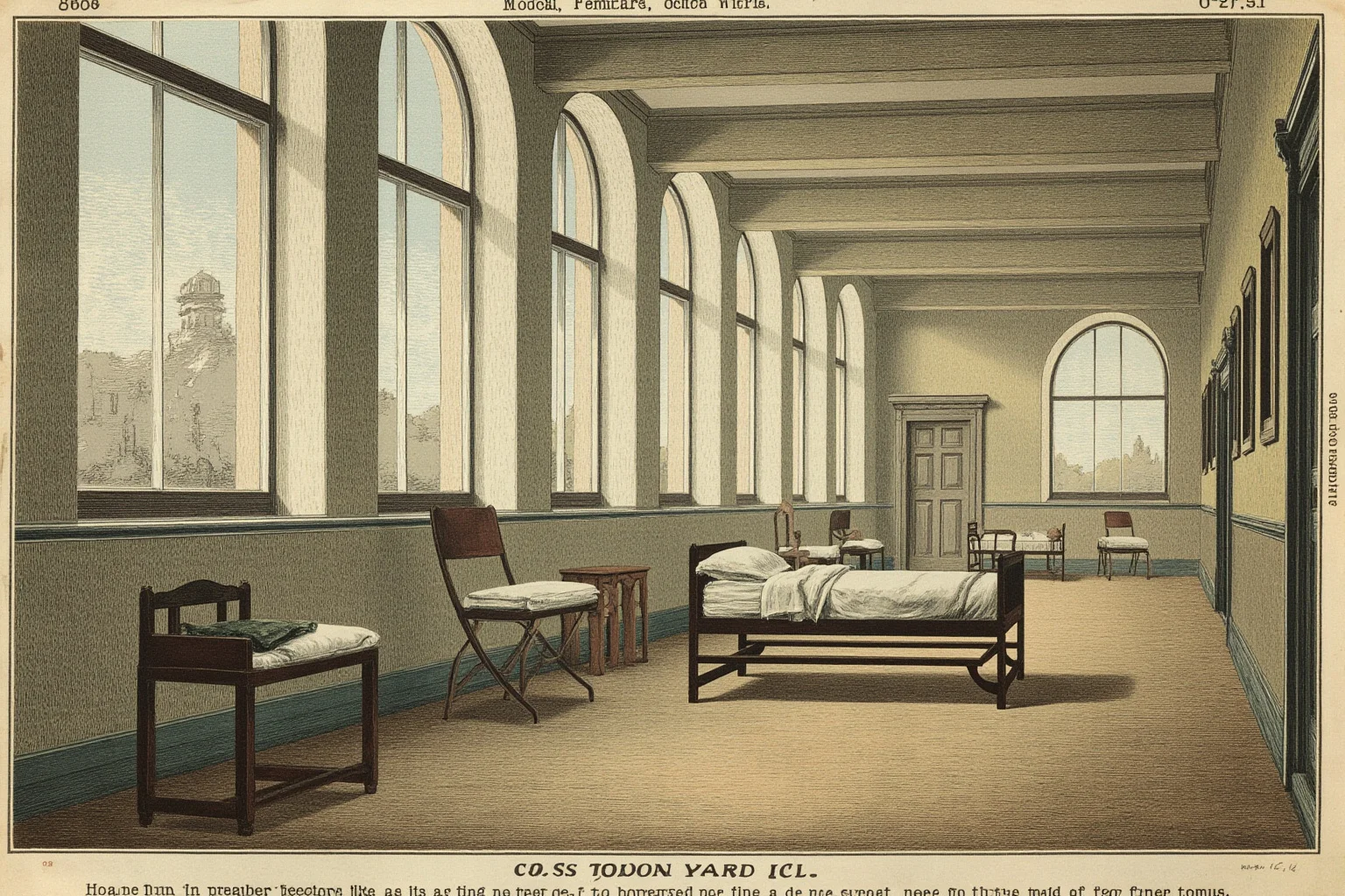 Victorian-era hospital ward interior with tall windows and soft natural light, historical illustration
