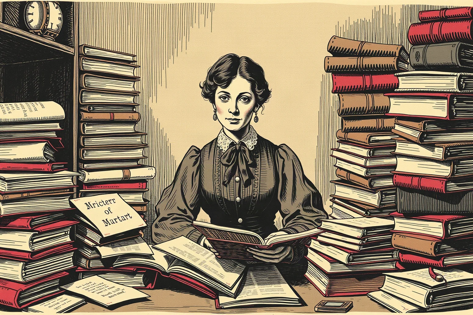 Victorian-era illustration of a serious woman writer surrounded by stacks of manuscripts and books