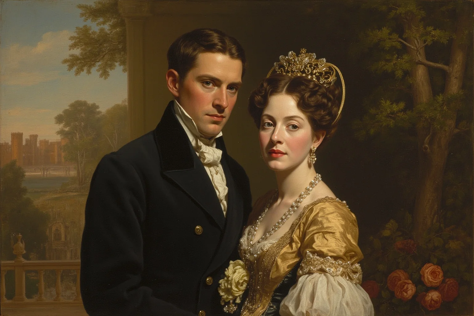 The 22 Greatest Love Stories in History 5 Victorian-era queen and prince in formal 19th-century dress standing together in a palace garden, oil painting style