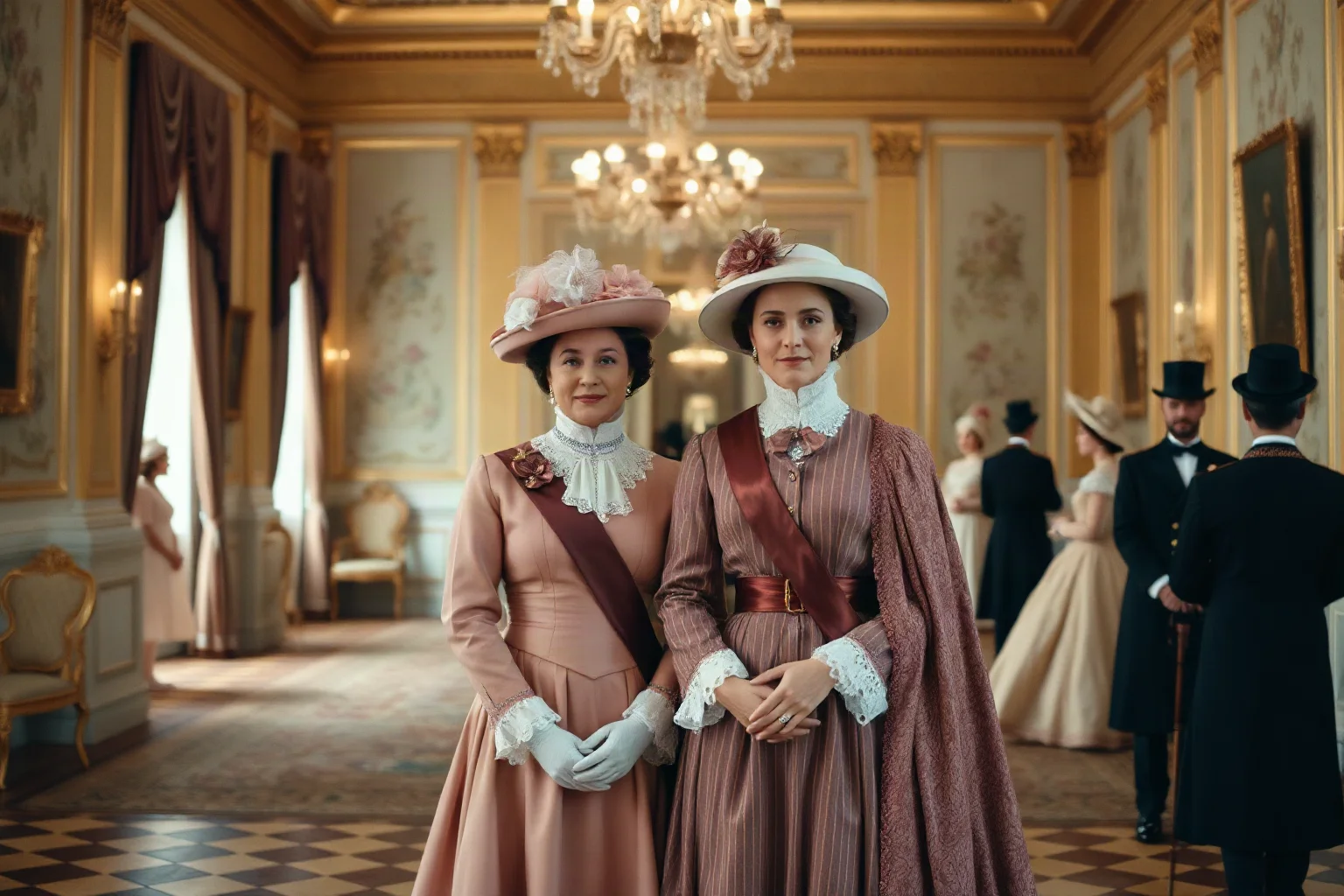 Victorian-era royal couple in formal 1800s attire standing in a palace hall