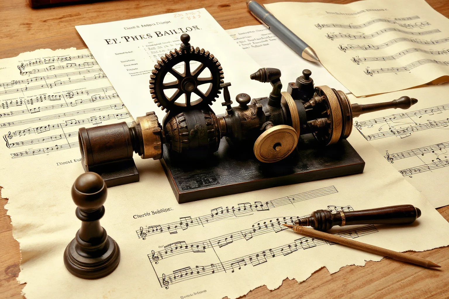 Victorian-era study with Charles Babbage's Analytical Engine design, early computing algorithms written on parchment, and musical notation