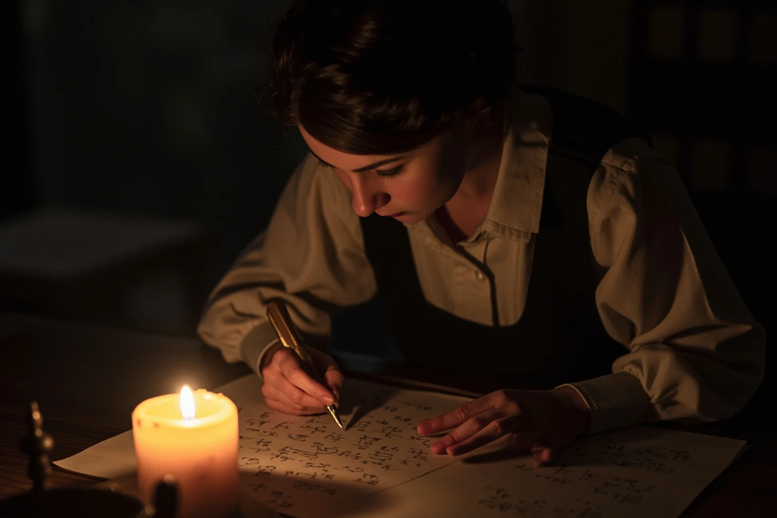 Victorian-era woman writing mathematical notation and equations by candlelight