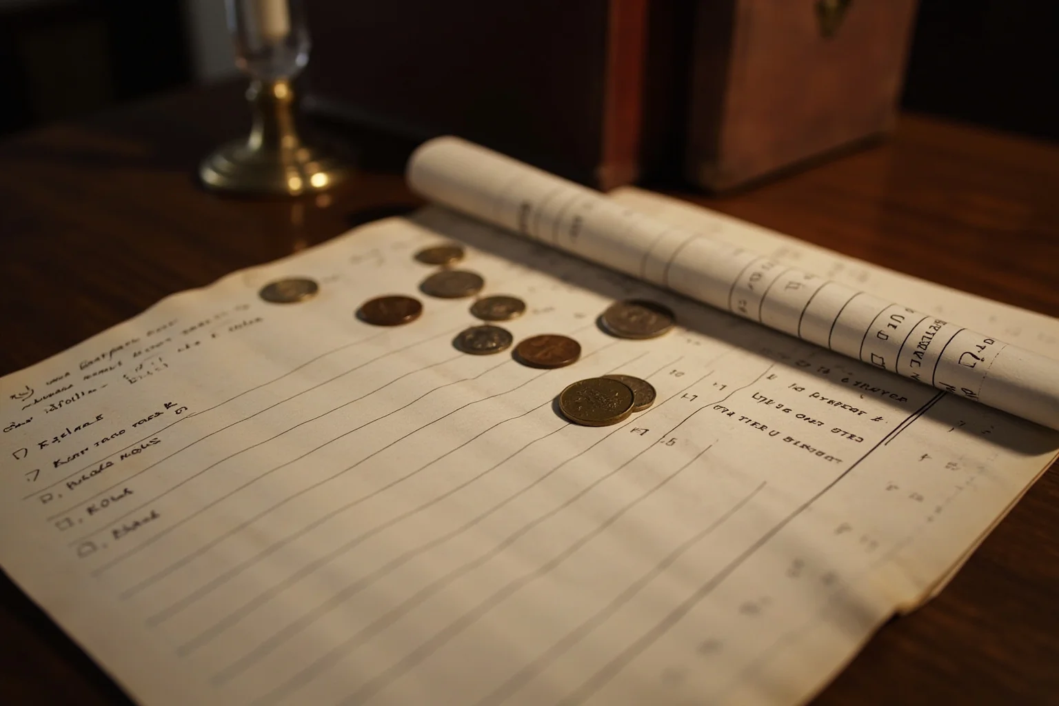 Victorian household ledger and coins on an antique wooden desk representing royal finances