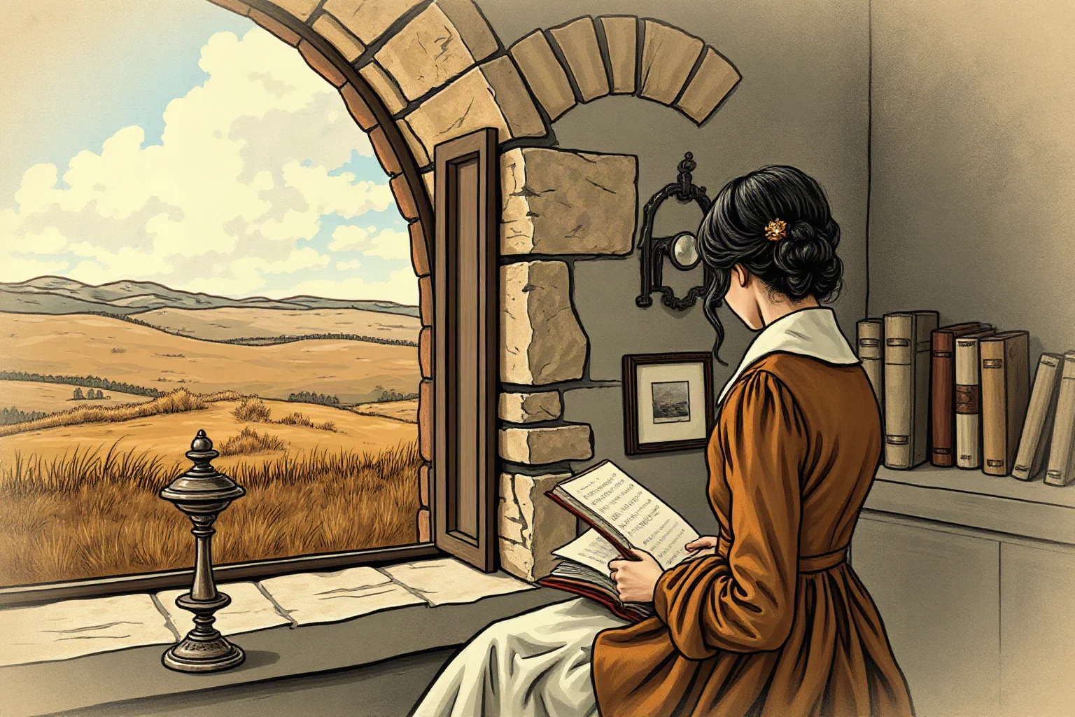 Victorian illustration of a solitary woman writer gazing out at windswept moors from a stone farmhouse window