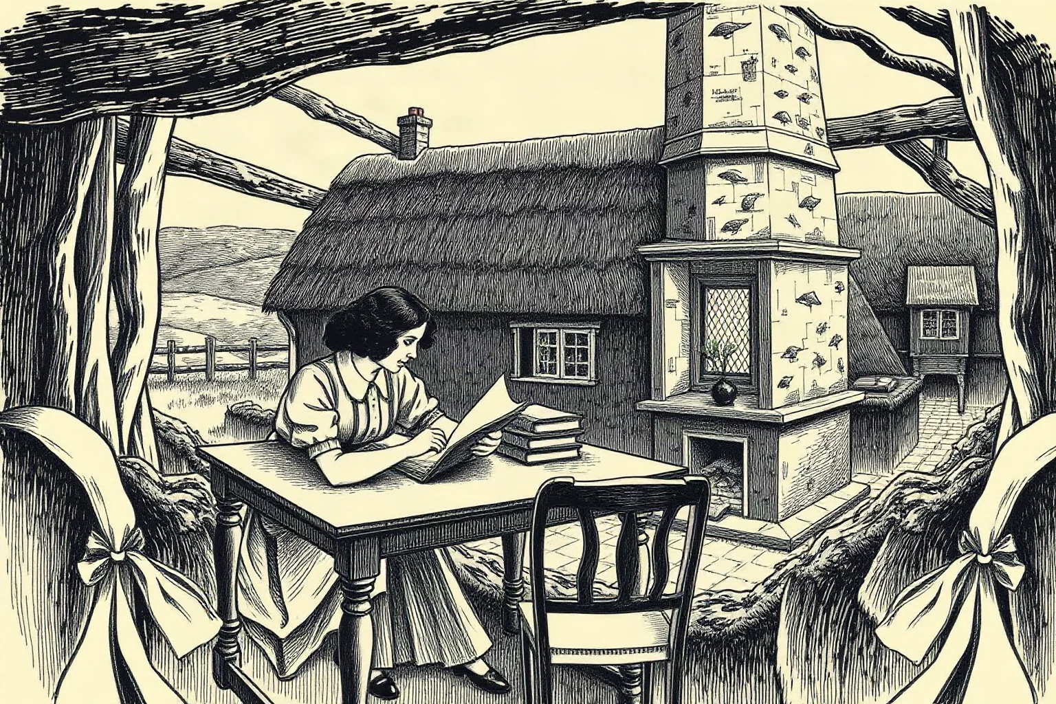 Victorian illustration of a woman author writing at a desk in a moody English moorland cottage