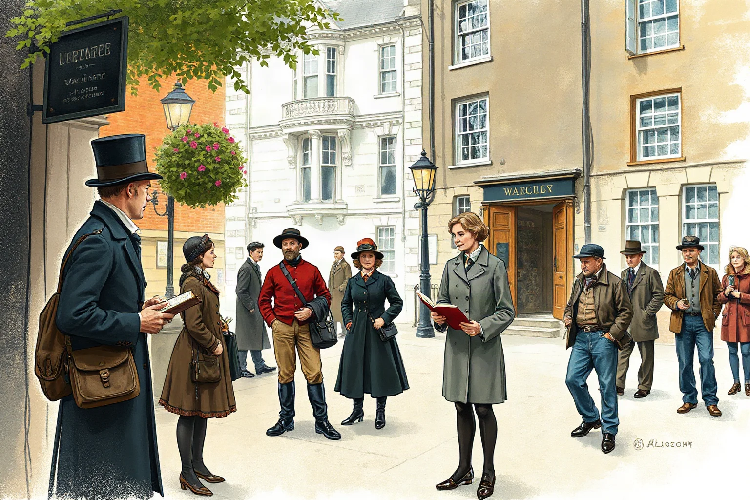 Victorian London street scene illustration with a novelist sketching characters from passersby, evoking serialized fiction