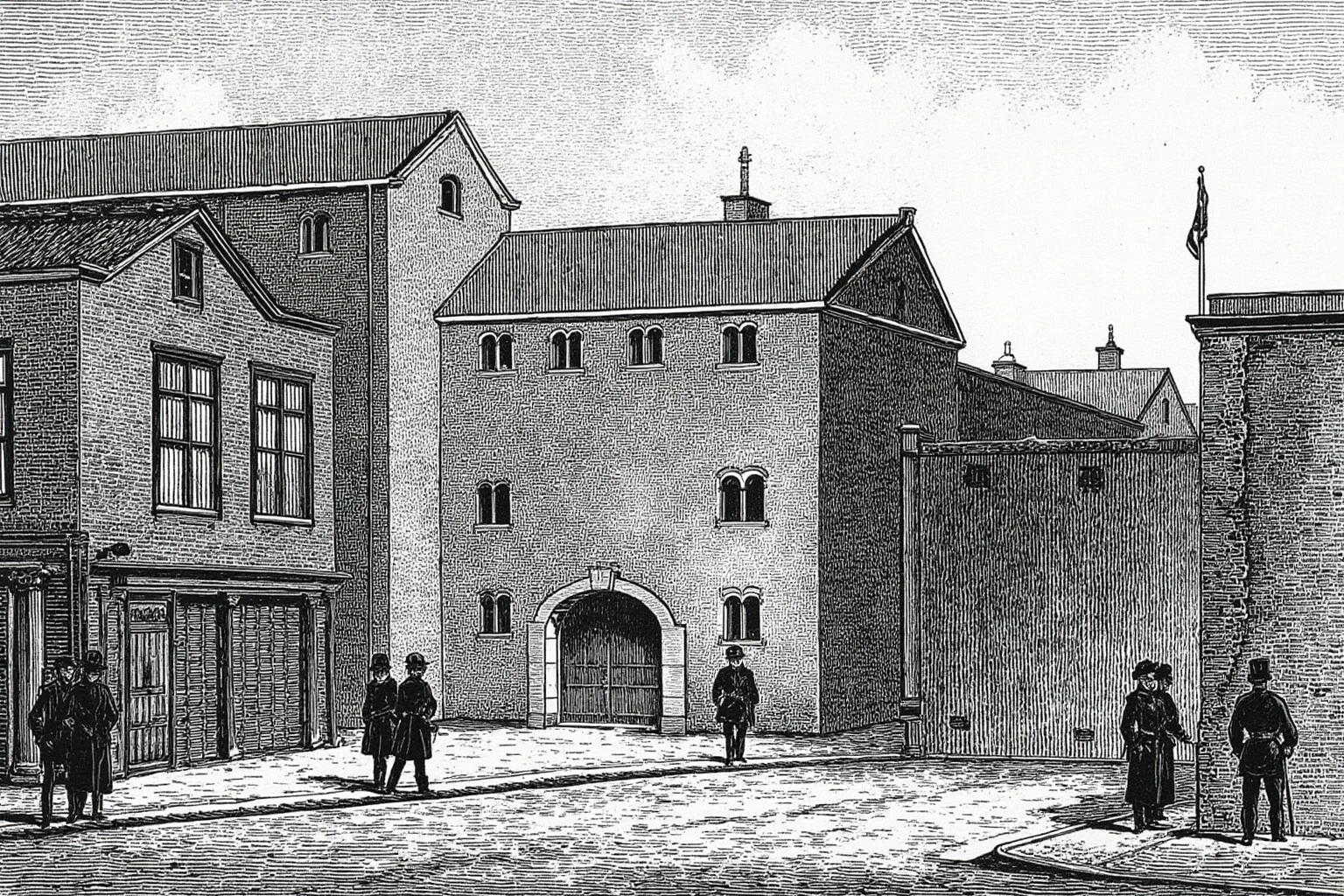 Public Executions Were Once The Most Attended Events In Town — Here's What That Says About Us 19 Victorian London street scene outside an old stone prison wall, illustrative historical style
