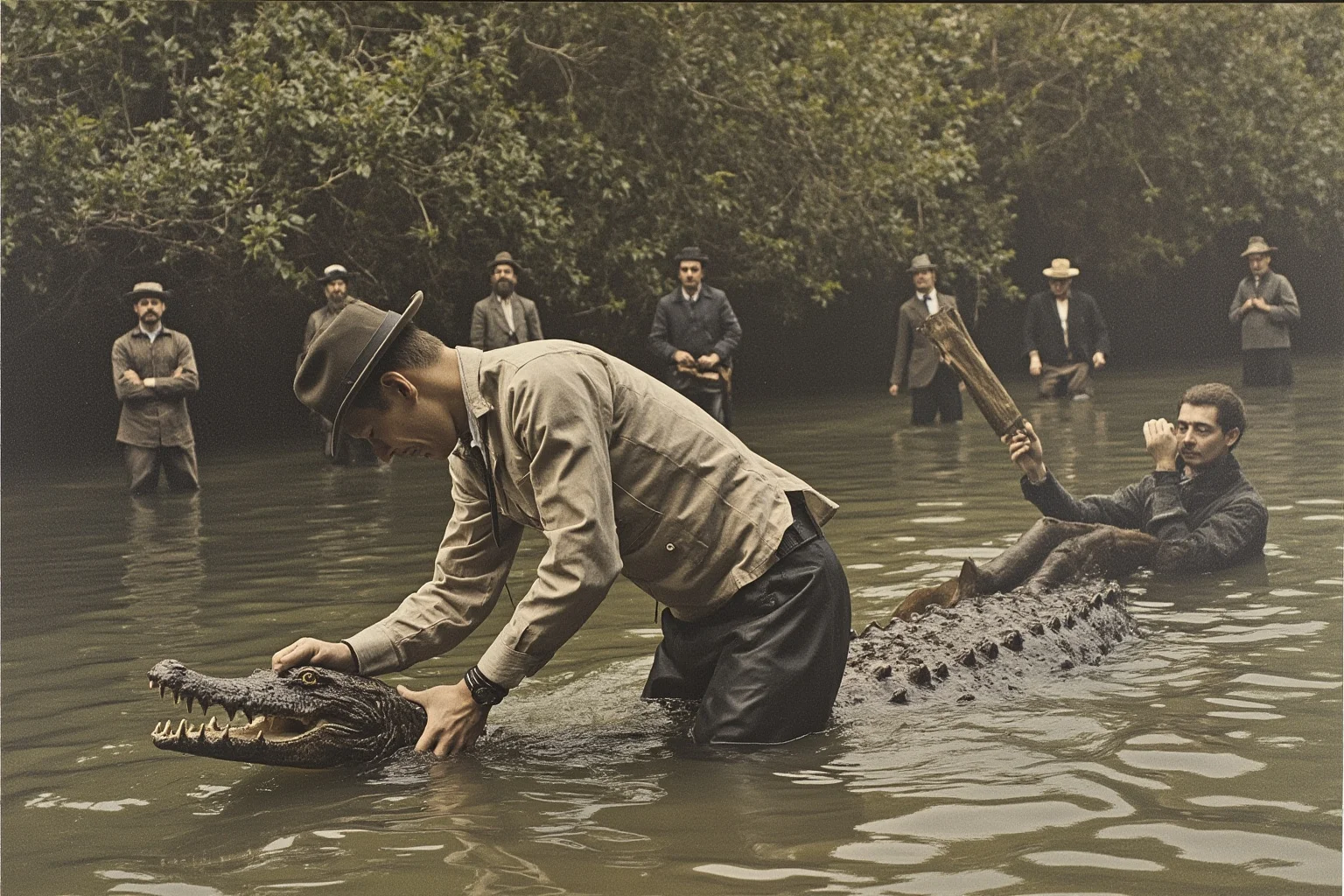 Victorian naturalist wrestling a caiman in a South American river while other explorers watch in shock