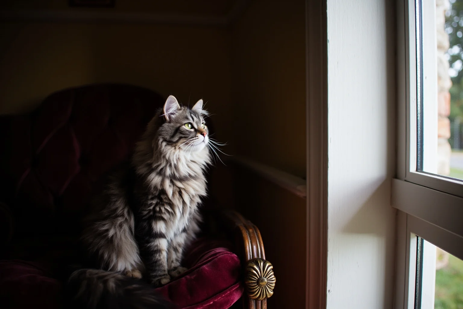 Victorian parlor interior with a plush blue-grey Persian cat sitting on a velvet cushion near a window