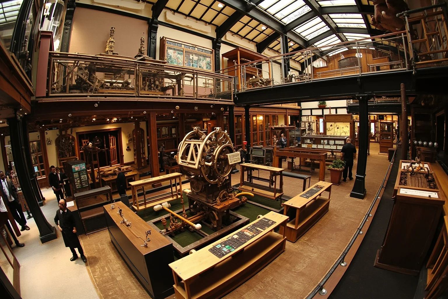 Victorian scientific exhibition hall with mechanical inventions and industrial machinery on display