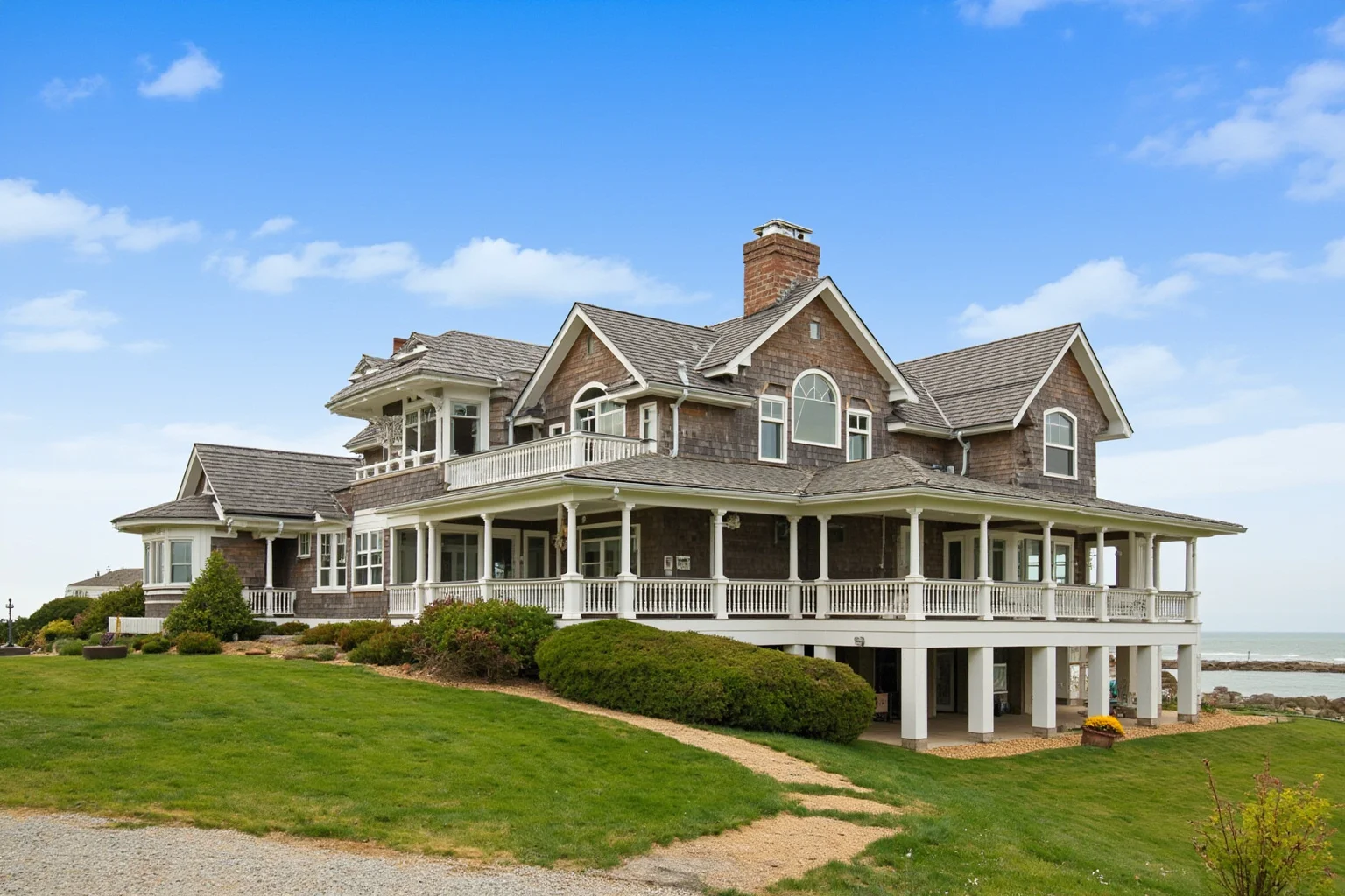 25 Famous American Historical Homes You Can Still Visit Today 8 Victorian shingle-style country house on a coastal bluff with a wraparound veranda