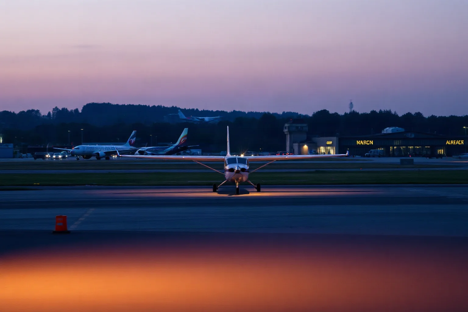 Vienna International Airport tarmac at dusk with a small aircraft, illustrative spy-swap atmosphere