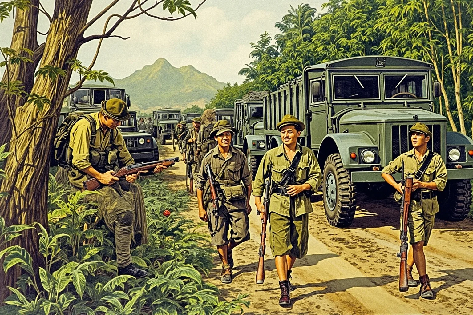 Wars That Lasted A Lot Longer Than You Thought 23 Vietnamese soldiers and jungle terrain with old military trucks, mid-20th-century historical illustration