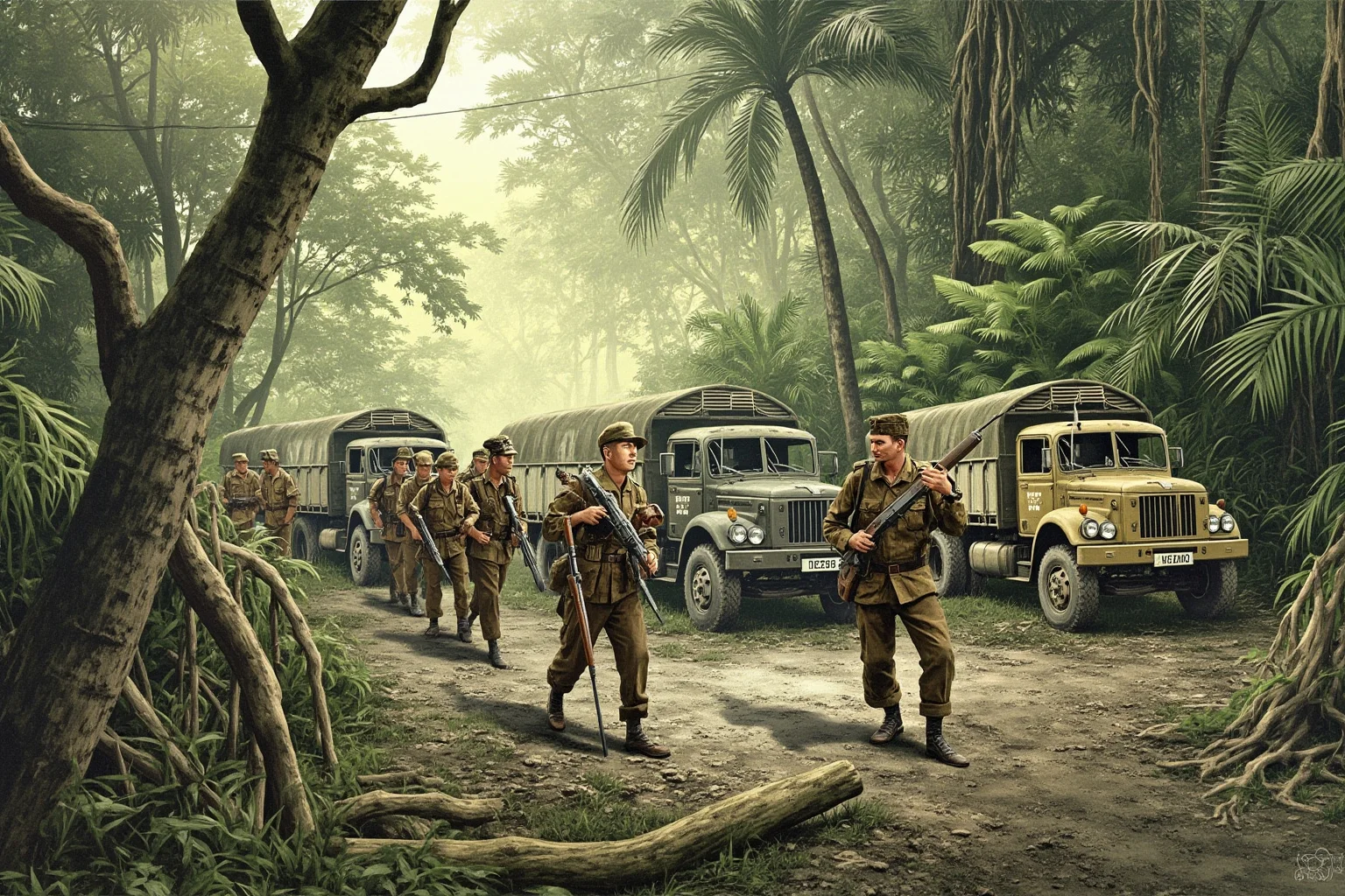 Wars That Lasted A Lot Longer Than You Thought 12 Vietnamese soldiers and jungle terrain with old military trucks, mid-20th-century historical illustration