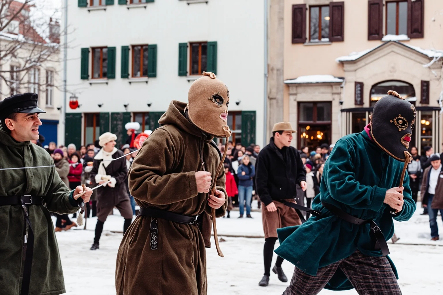 Villagers in simple medieval clothing performing a masked mumming play in a snowy town square