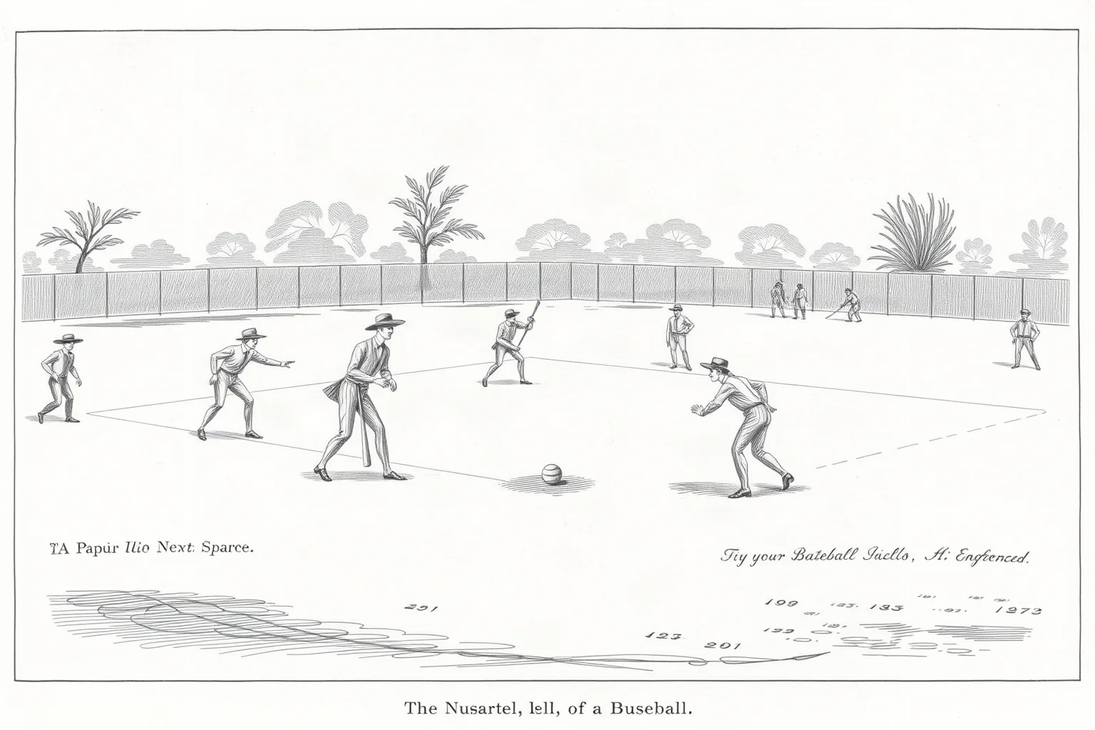 Vintage 1840s illustration of players in a diamond-shaped field with a bat and ball, early baseball