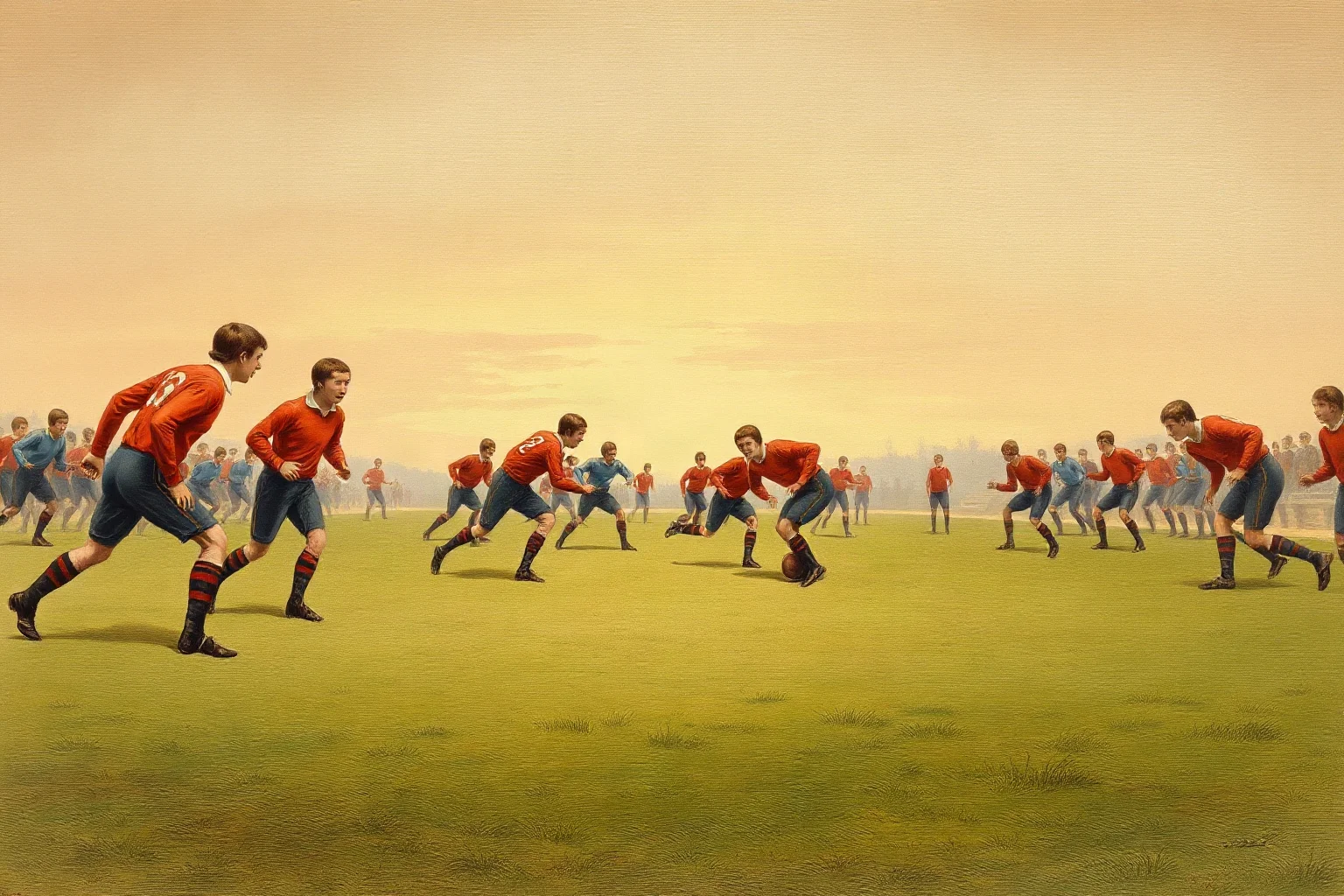 Vintage 1869-style illustration of two college teams facing off on a grass field, early American football