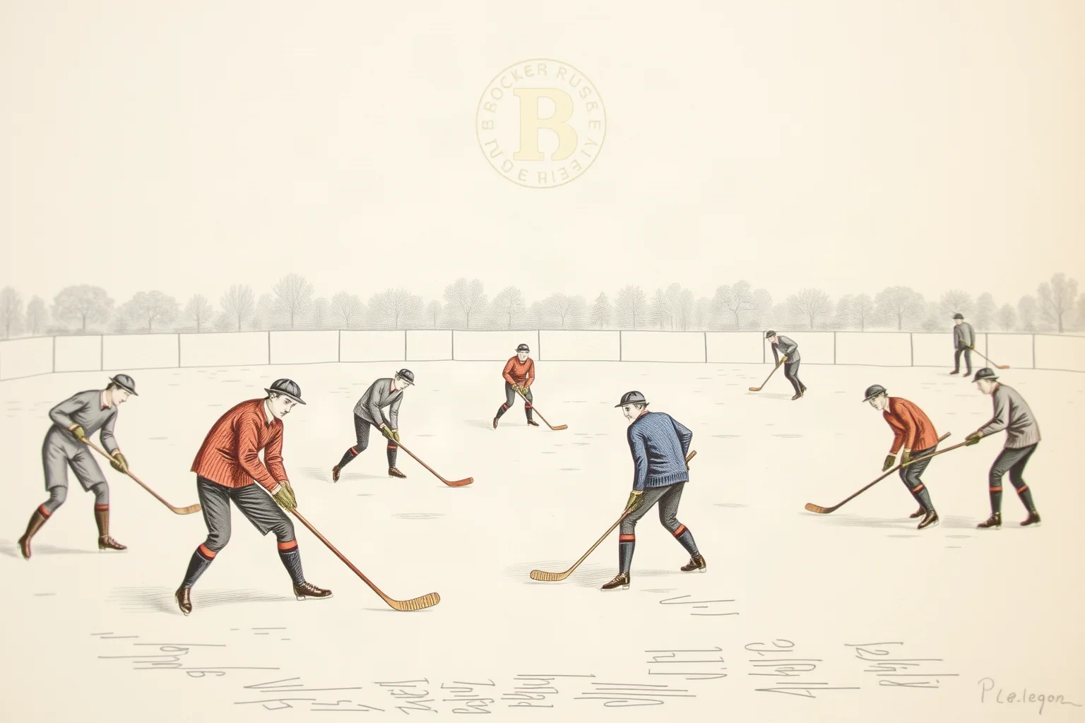 Vintage 1870s illustration of players with sticks on an ice rink, early organized ice hockey
