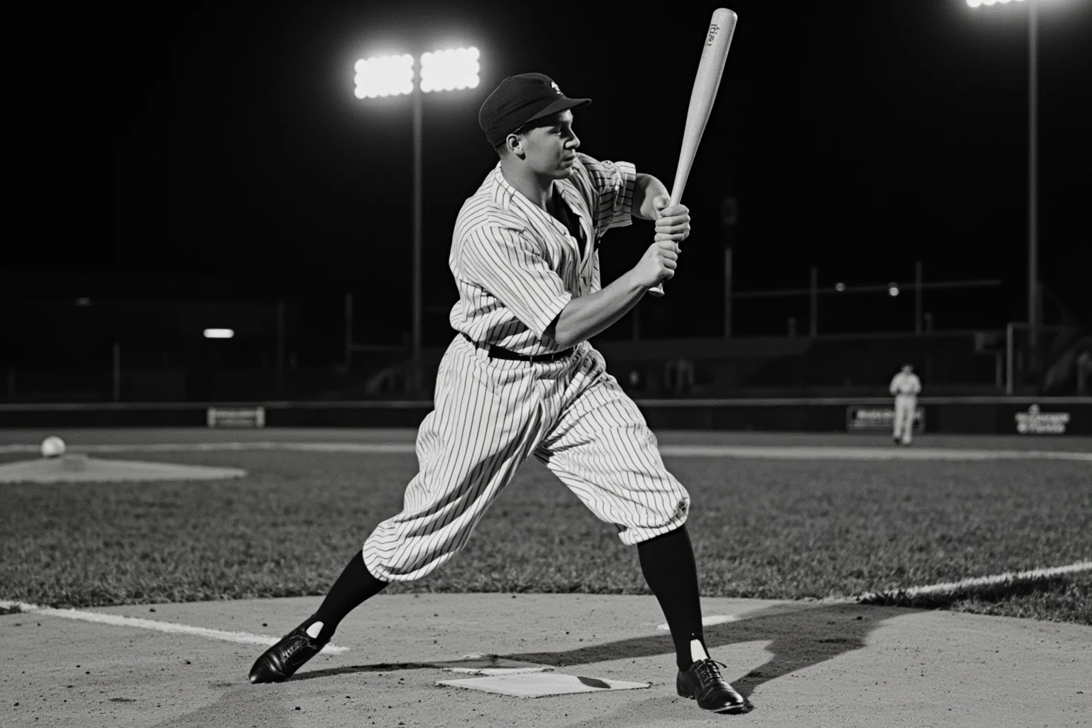 Vintage 1920s baseball player mid-swing in a classic striped uniform under stadium lights