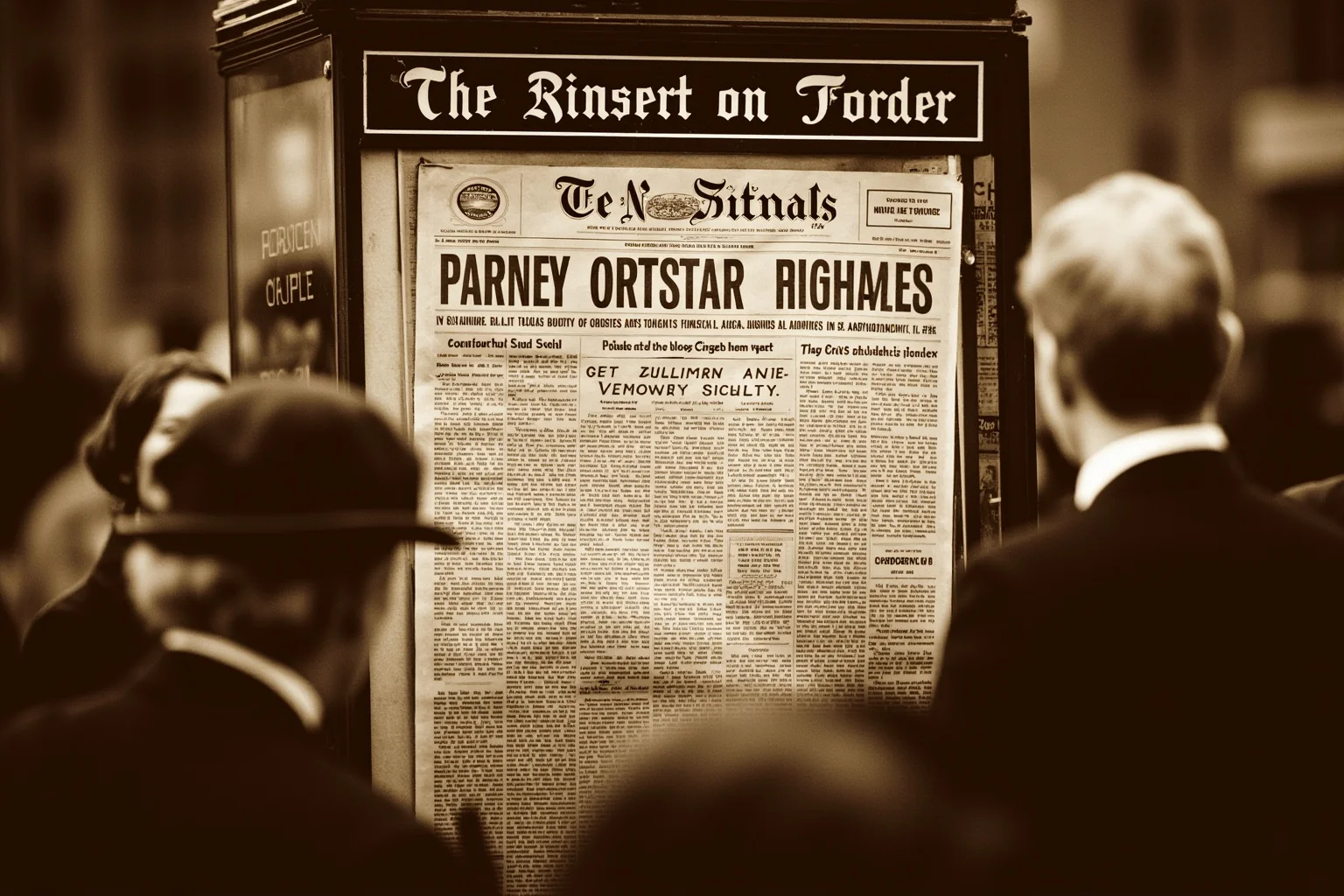 Vintage 1920s newspaper stand with a crowd reading headlines about a financial swindle, sepia tone