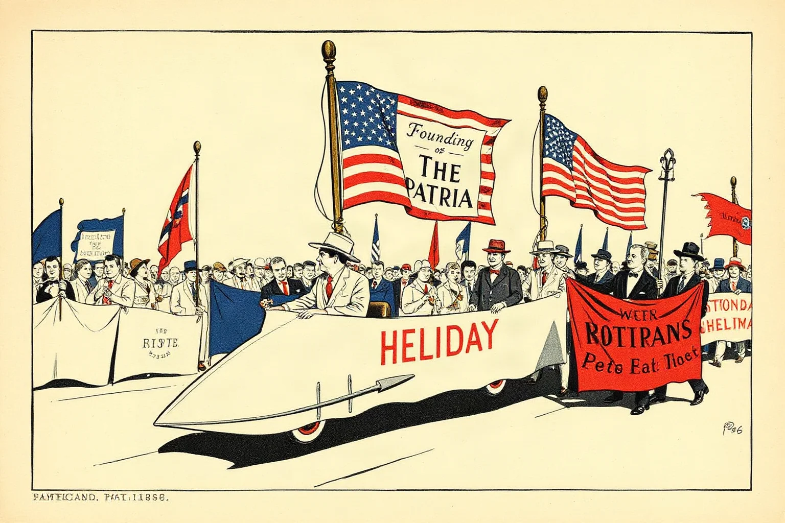 Vintage 1930s American parade illustration with banners, representing the founding of a national holiday