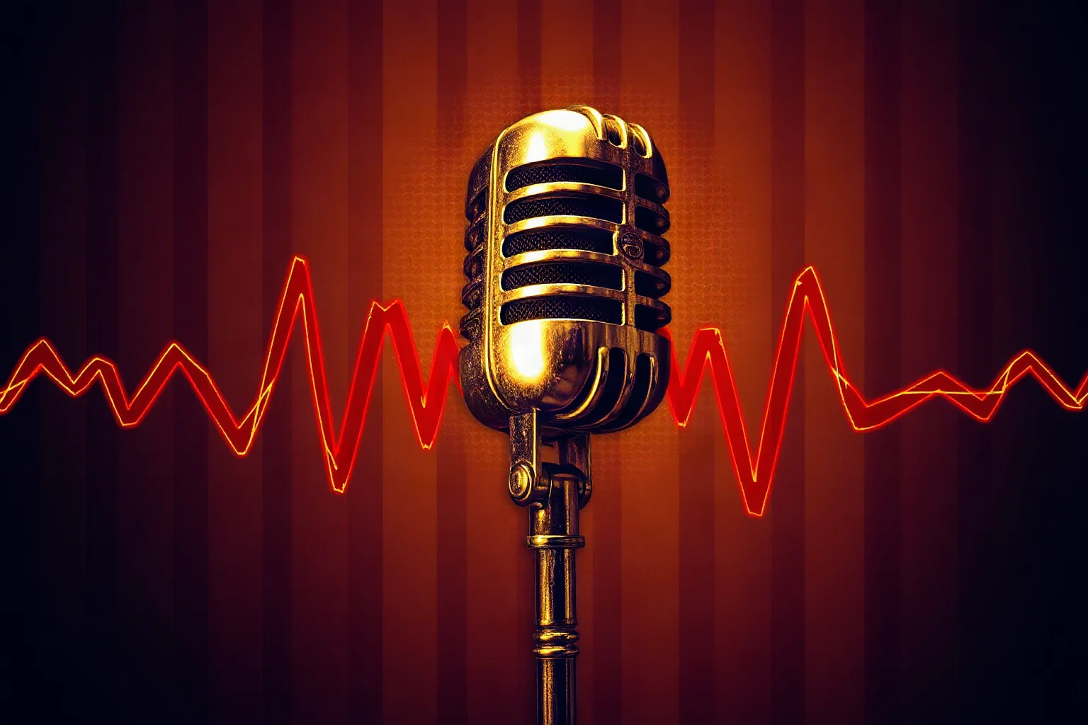 Vintage 1930s radio studio microphone with a dramatic sound-wave graphic overlay suggesting a broadcast panic