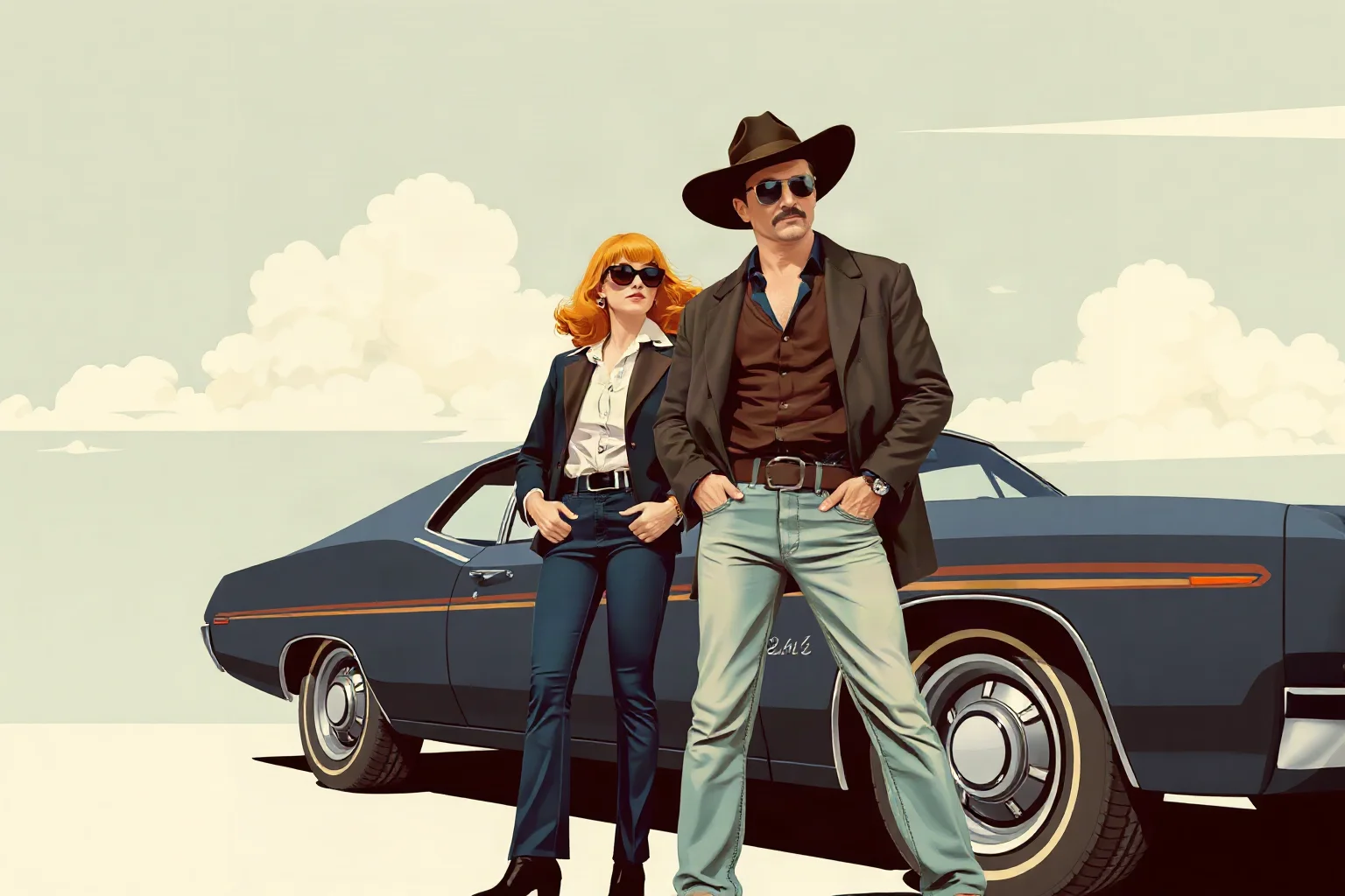 Vintage 1960s movie poster style illustration of two stylish outlaw characters standing beside a classic car