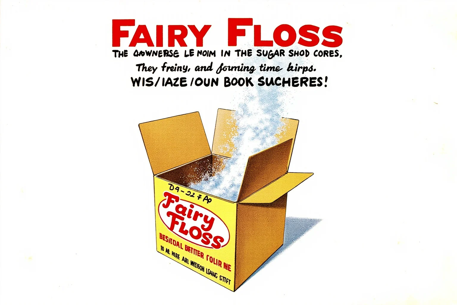 Vintage advertisement-style illustration of a paper box labeled 'Fairy Floss' with wispy spun sugar inside