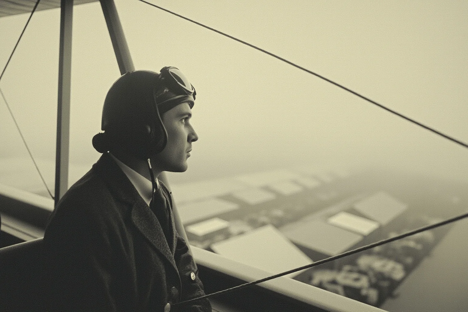 Proof of Time Travel? 20 Famous Photos, Notes, and Stories Fact-Checked 8 Vintage aviation illustration of a biplane pilot looking down at a foggy airfield with hangars below