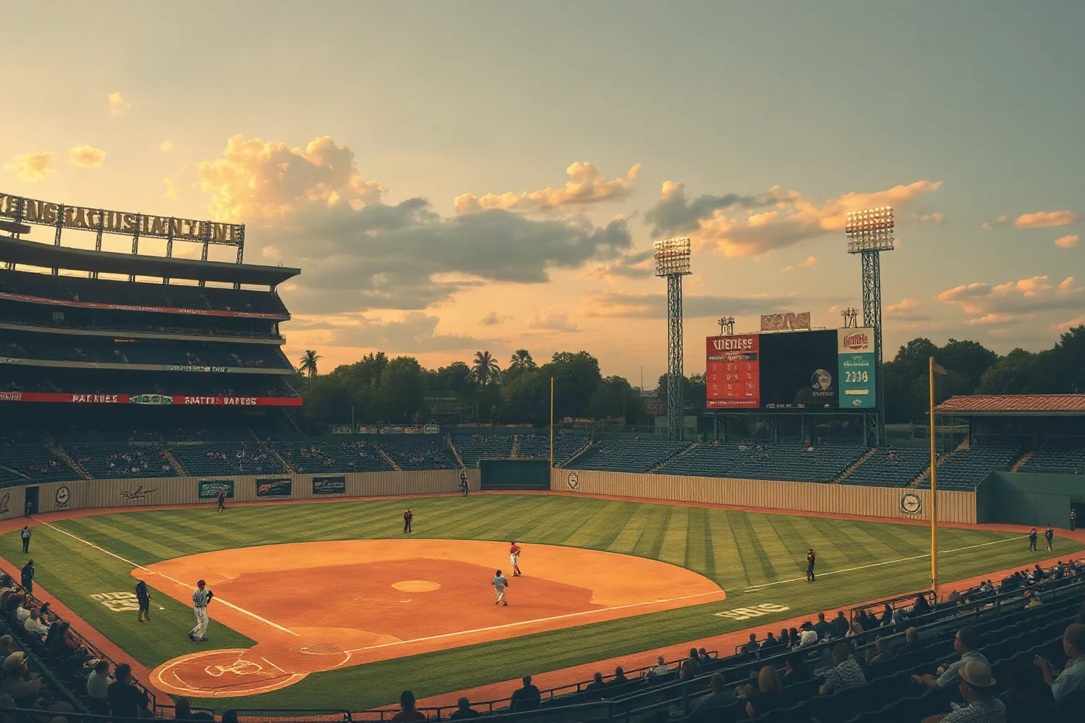 Vintage baseball stadium at dusk with pinstripe and red sock color motifs in the stands, illustrative style
