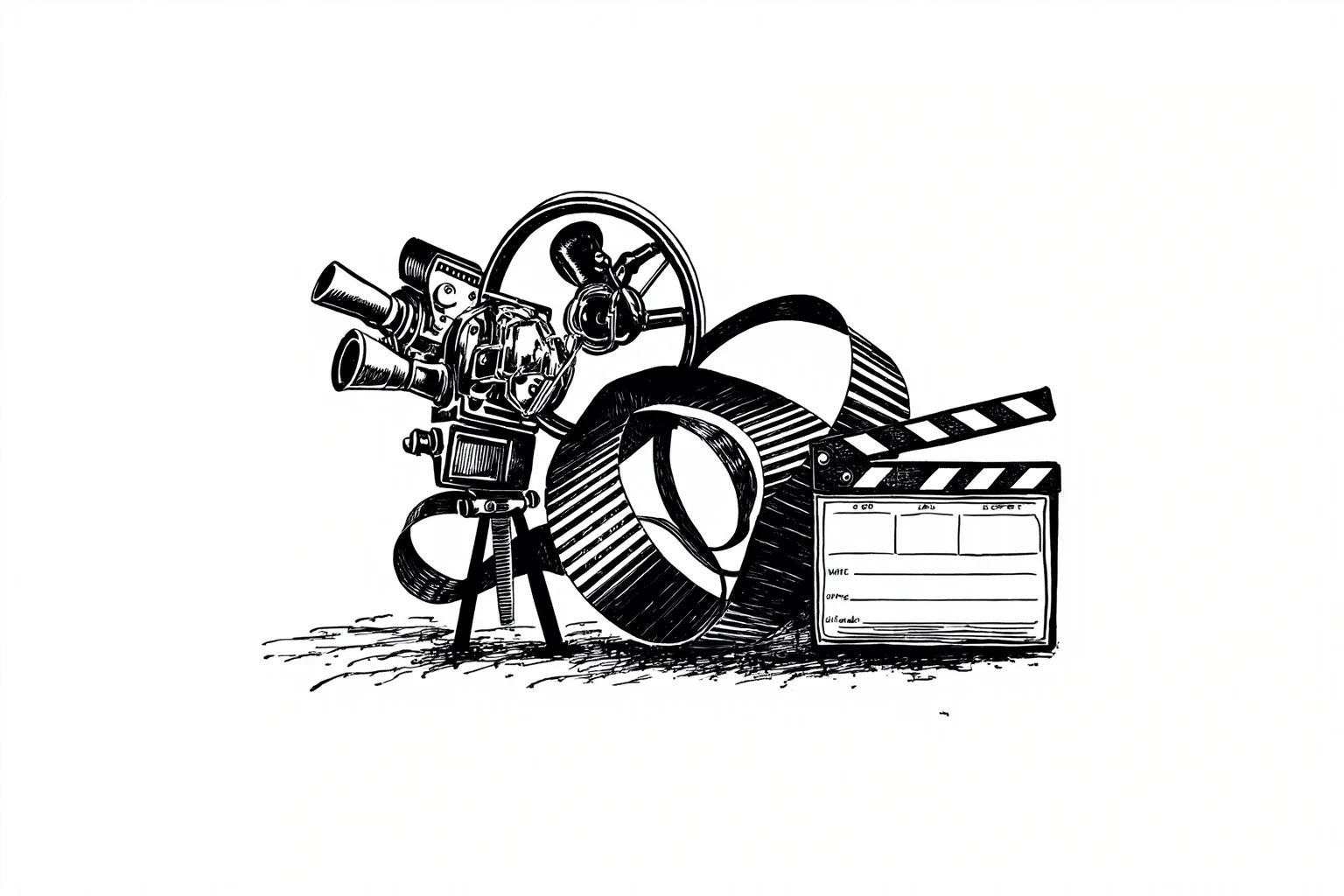 Vintage black-and-white film reel illustration with an old movie camera and clapboard, silent-film era style