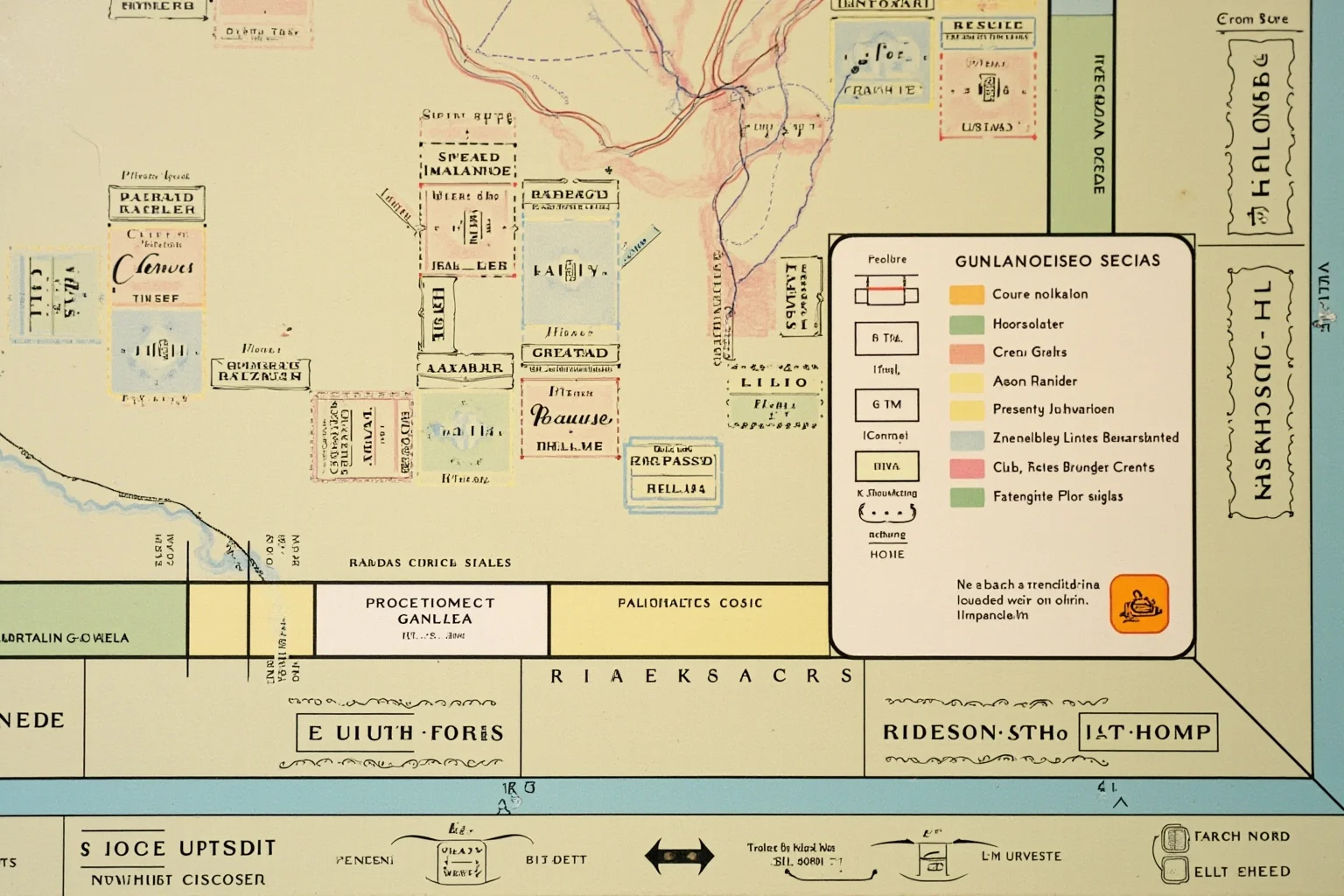 Vintage board game board with properties, railroads, and corner spaces in pastel colors