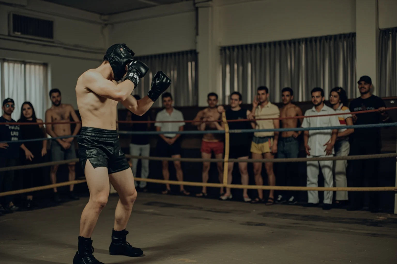 Best Insults in History: 23 Legendary Put-Downs and the Stories Behind Them 22 Vintage boxing gym scene with a lean boxer in shorts and gloves shadow-boxing confidently before a crowd