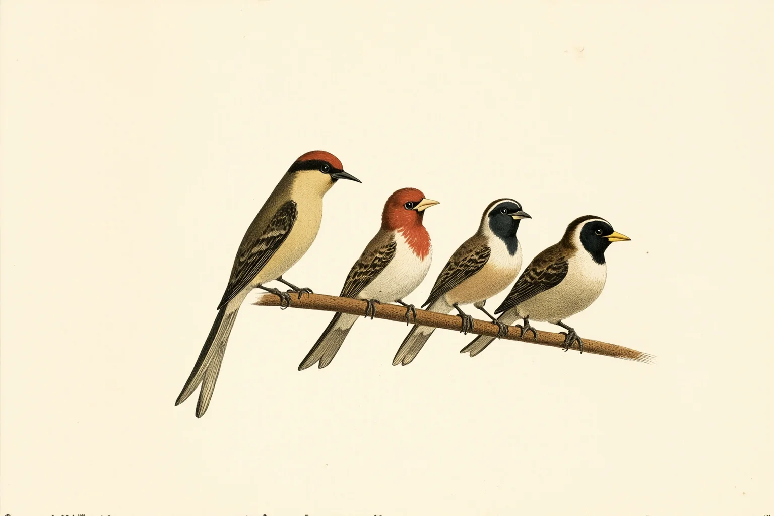 Vintage engraving style illustration of small finch birds with varied beak shapes perched on a branch
