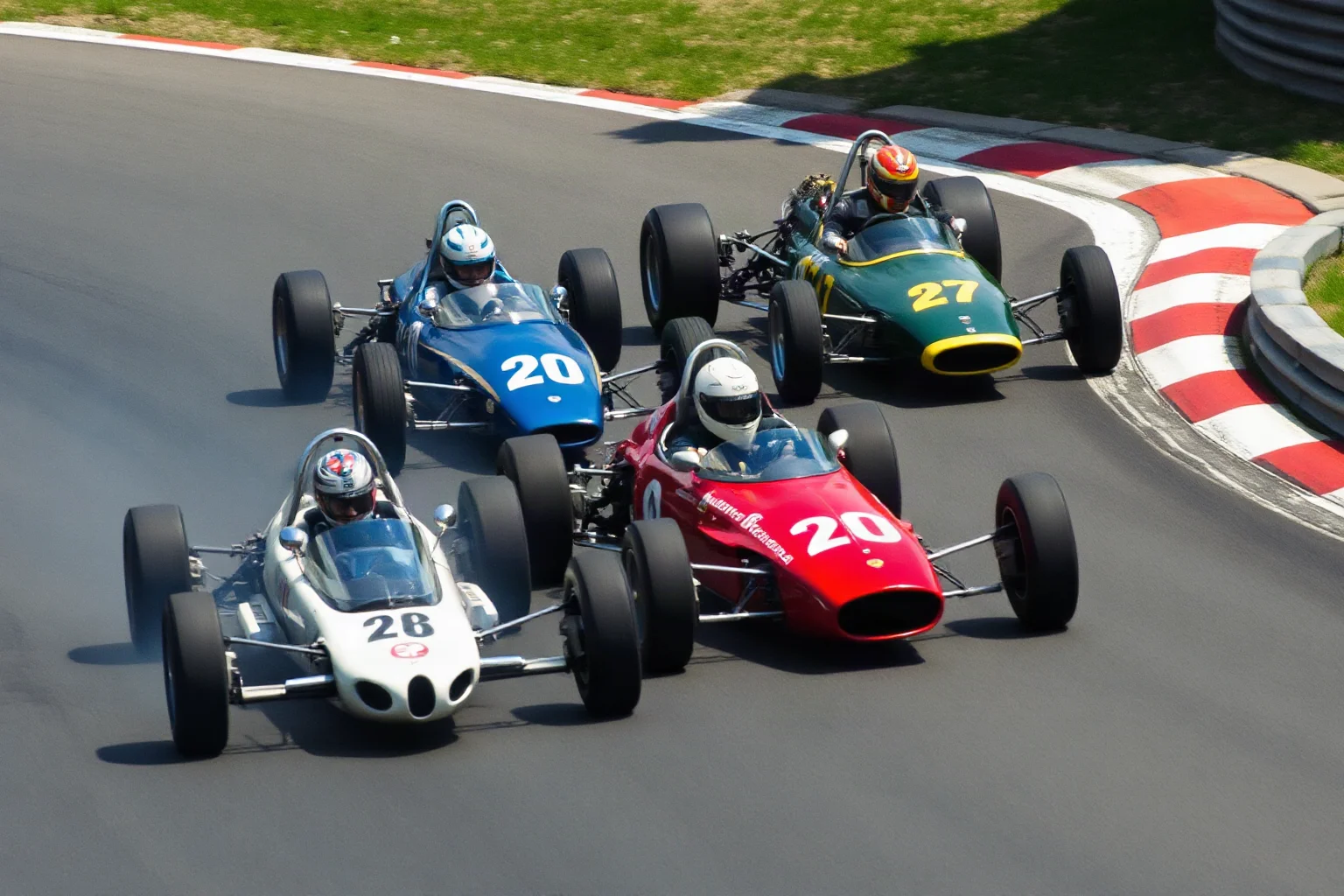 Vintage Formula 1 cars racing wheel-to-wheel on a tight circuit corner, illustrative style