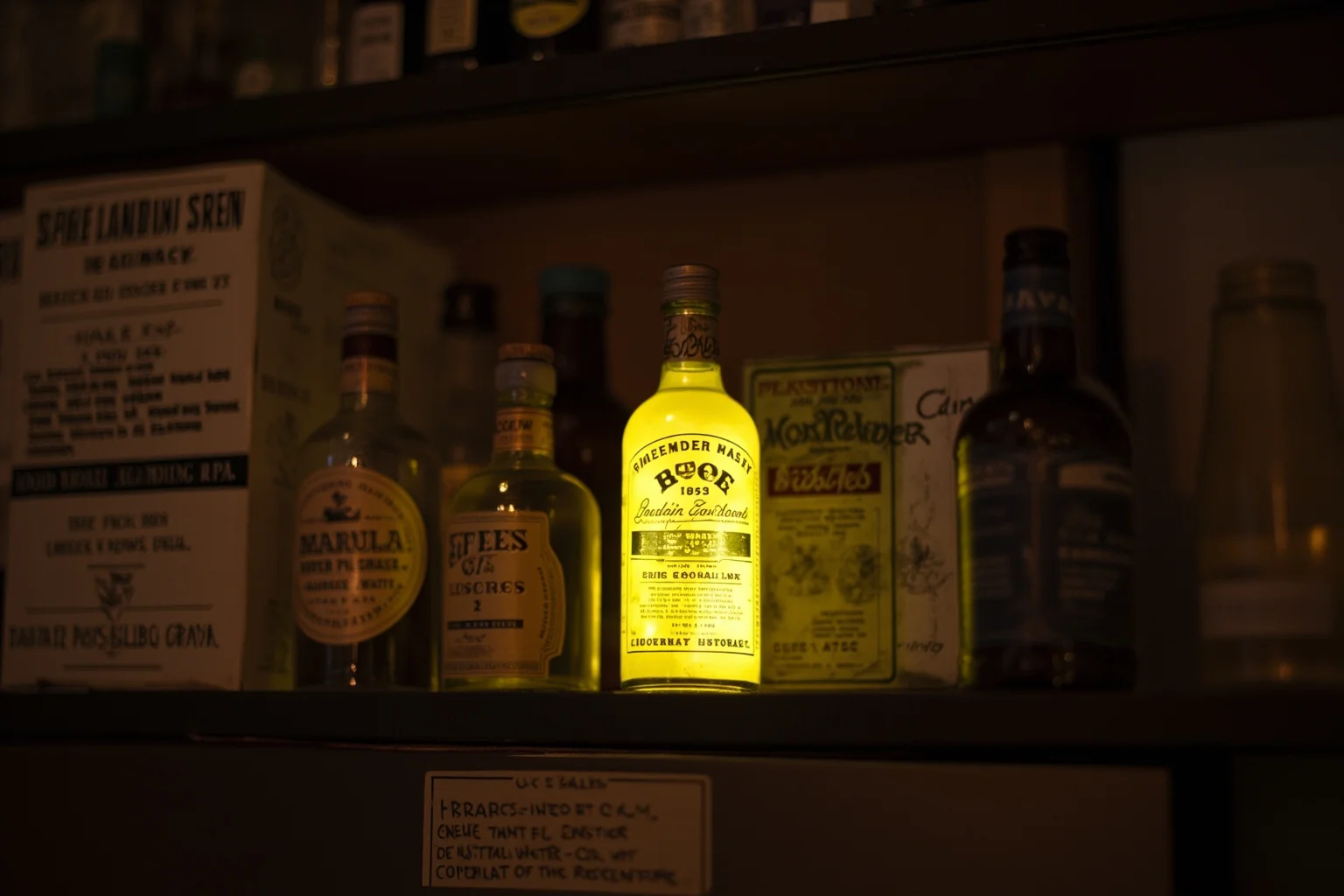 The Worst Inventions of All Time, Ranked 7 Vintage glowing bottle of tonic water on an antique pharmacy shelf, early 1900s aesthetic