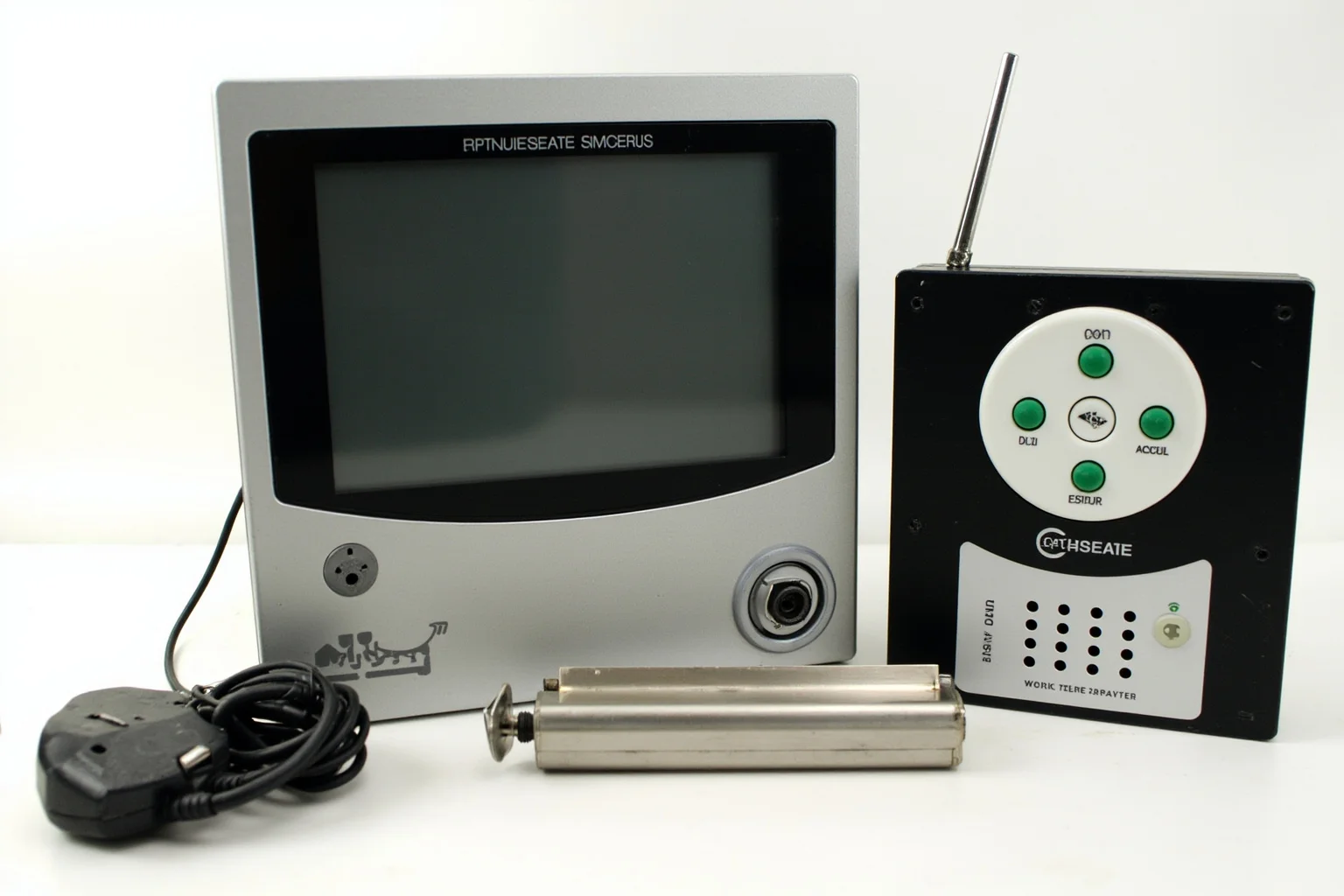 Vintage home security system monitor with camera, microphone, and remote lock components
